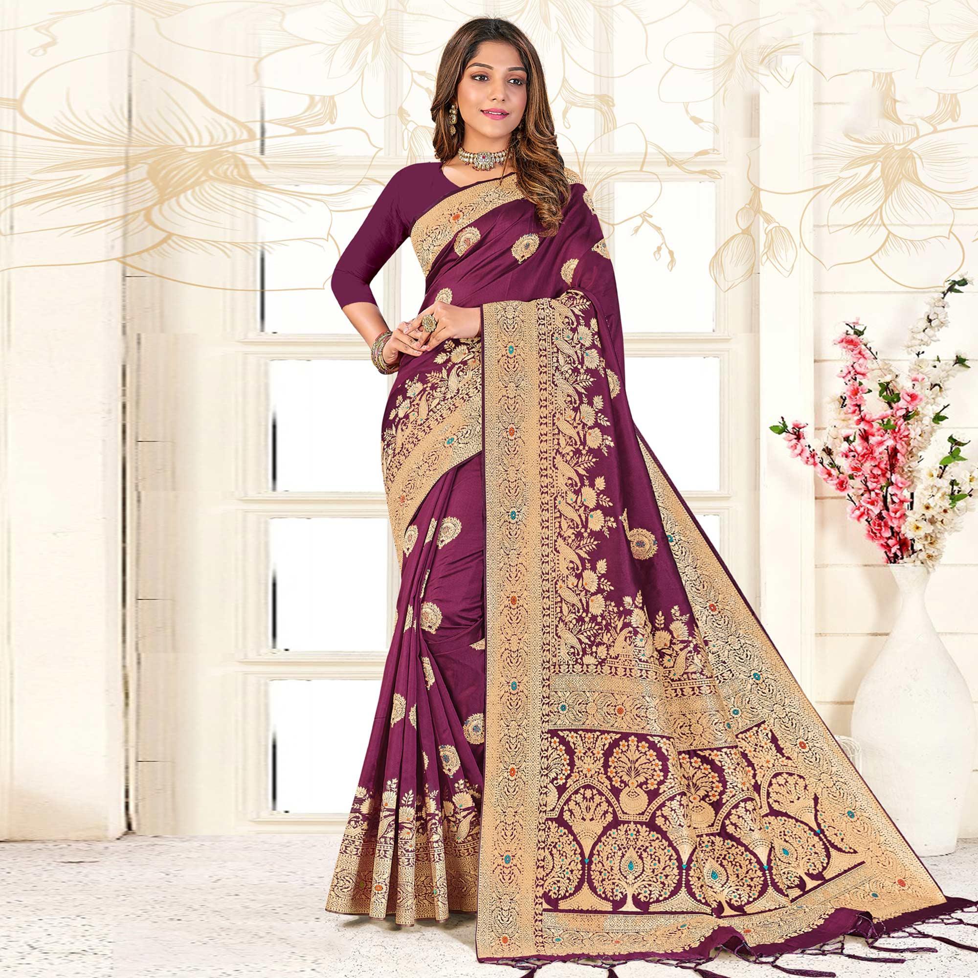 Purple Festive Wear Woven Jari Border Soft Silk Saree - Peachmode