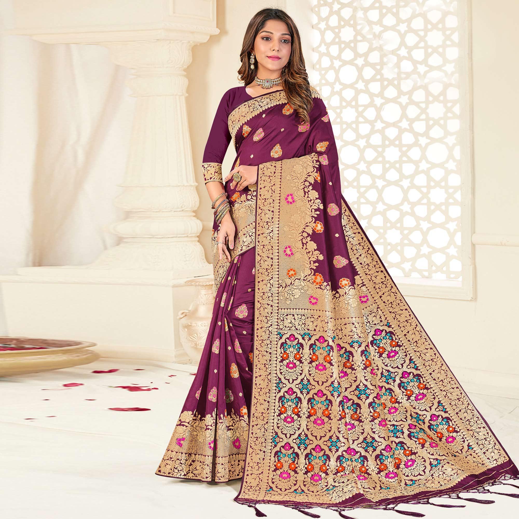 Purple Festive Wear Woven Jari Border Soft Silk Saree - Peachmode