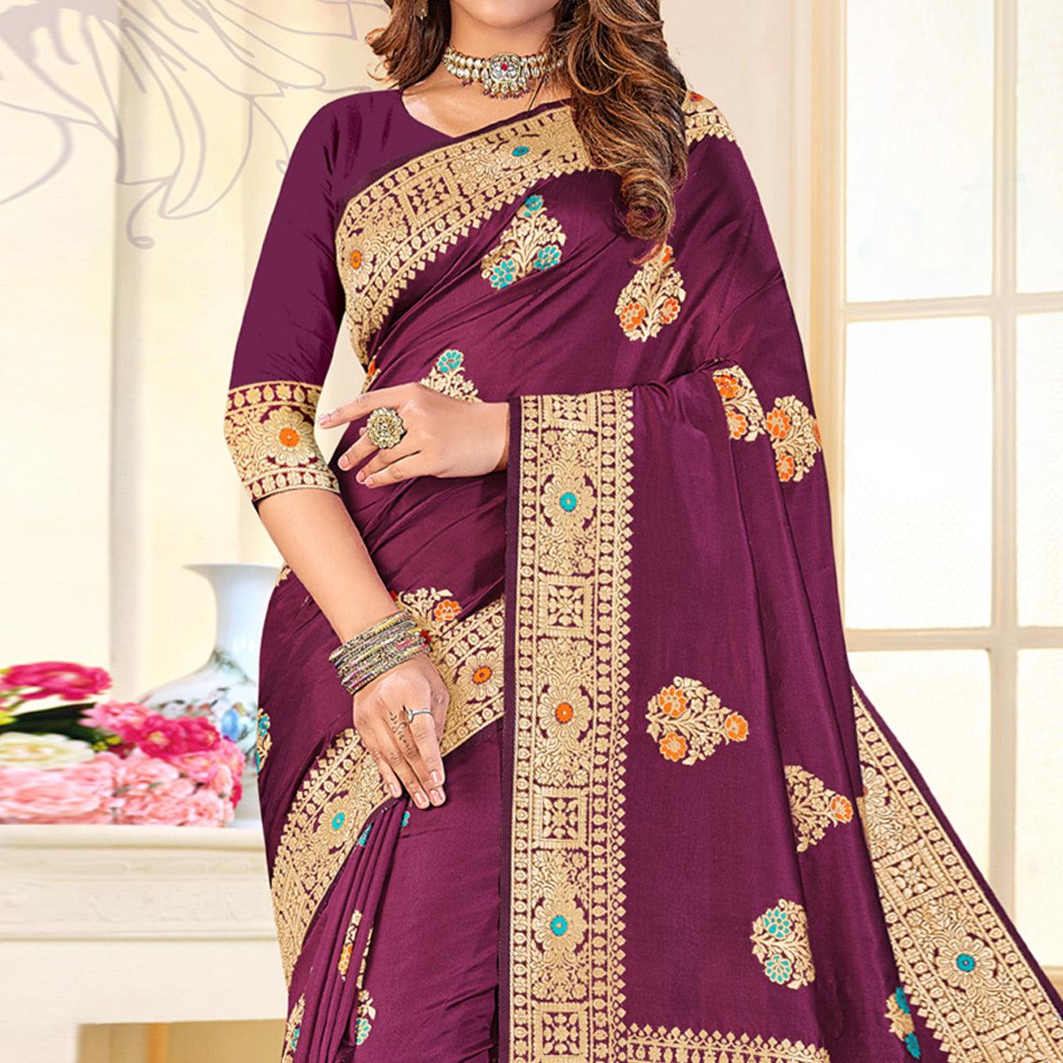 Purple Festive Wear Woven Jari Border Soft Silk Saree - Peachmode