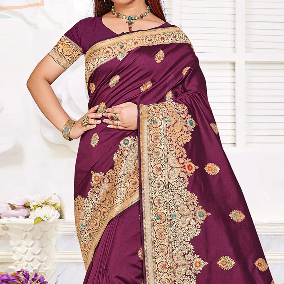 Purple Festive Wear Woven Jari Border Soft Silk Saree - Peachmode