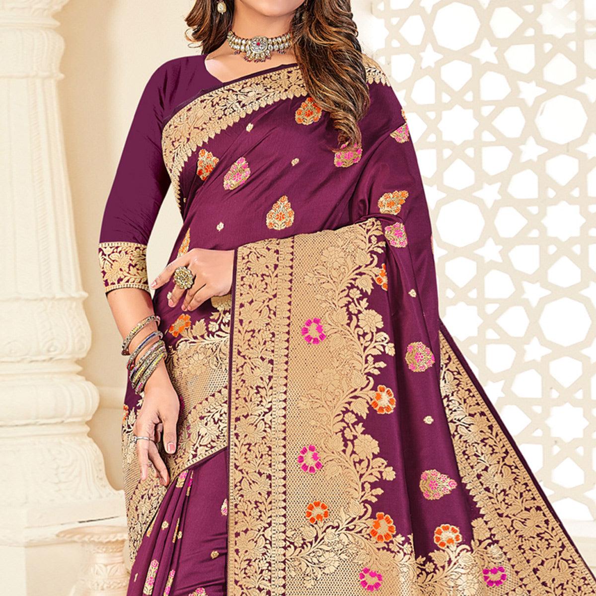 Purple Festive Wear Woven Jari Border Soft Silk Saree - Peachmode