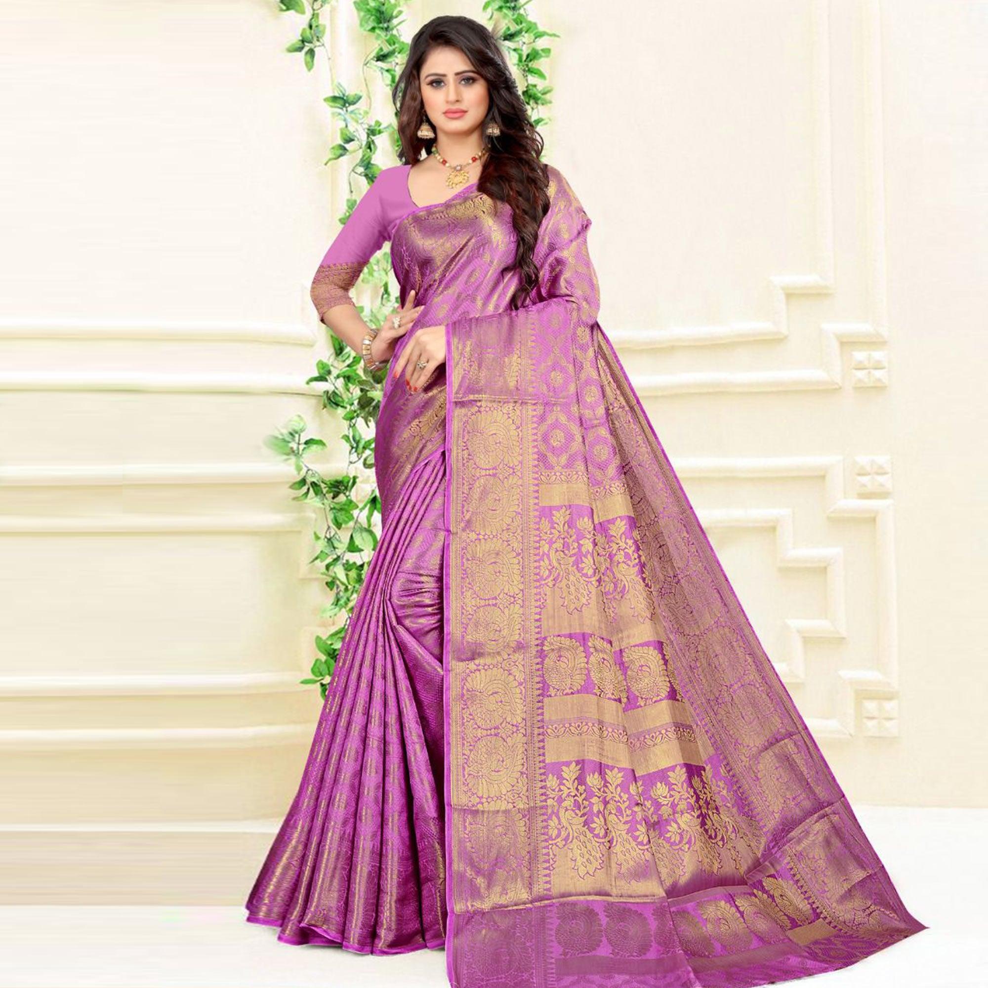 Purple Festive Wear Woven Kanjeevaram Silk Saree - Peachmode