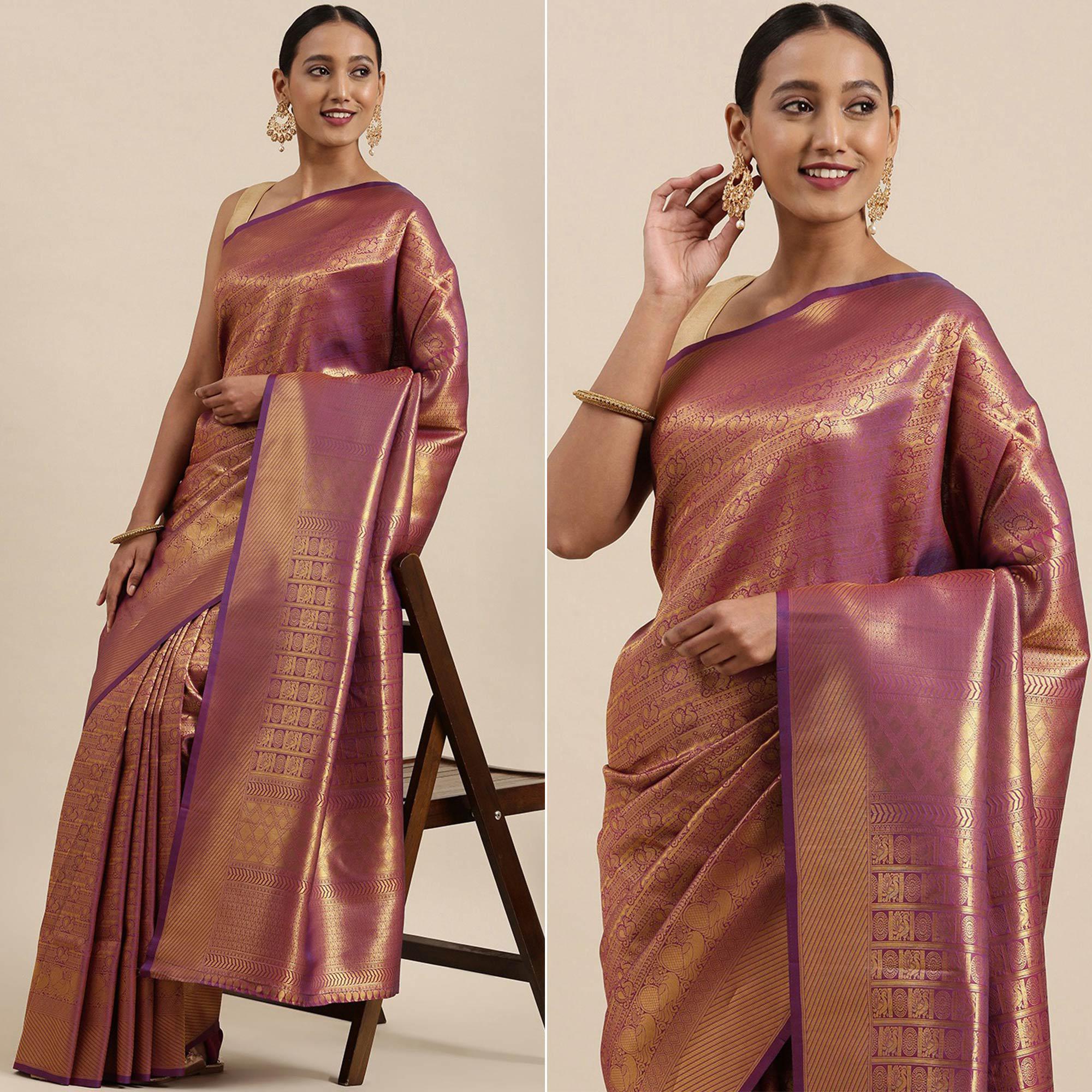 Purple Festive Wear Woven Kanjivaram Silk Saree - Peachmode