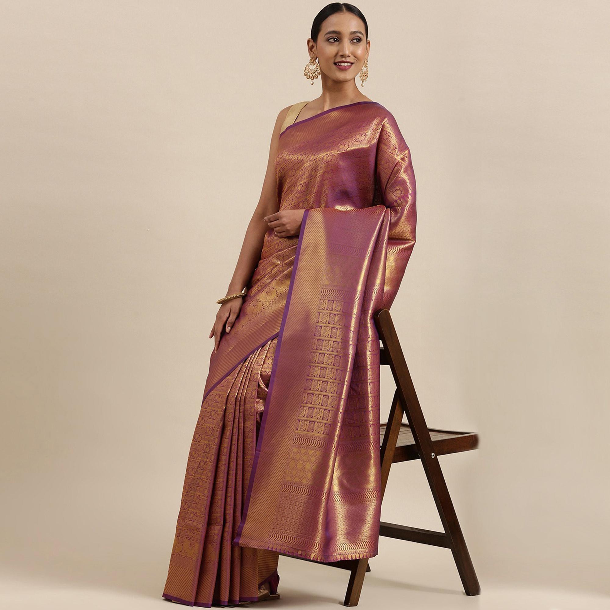 Purple Festive Wear Woven Kanjivaram Silk Saree - Peachmode