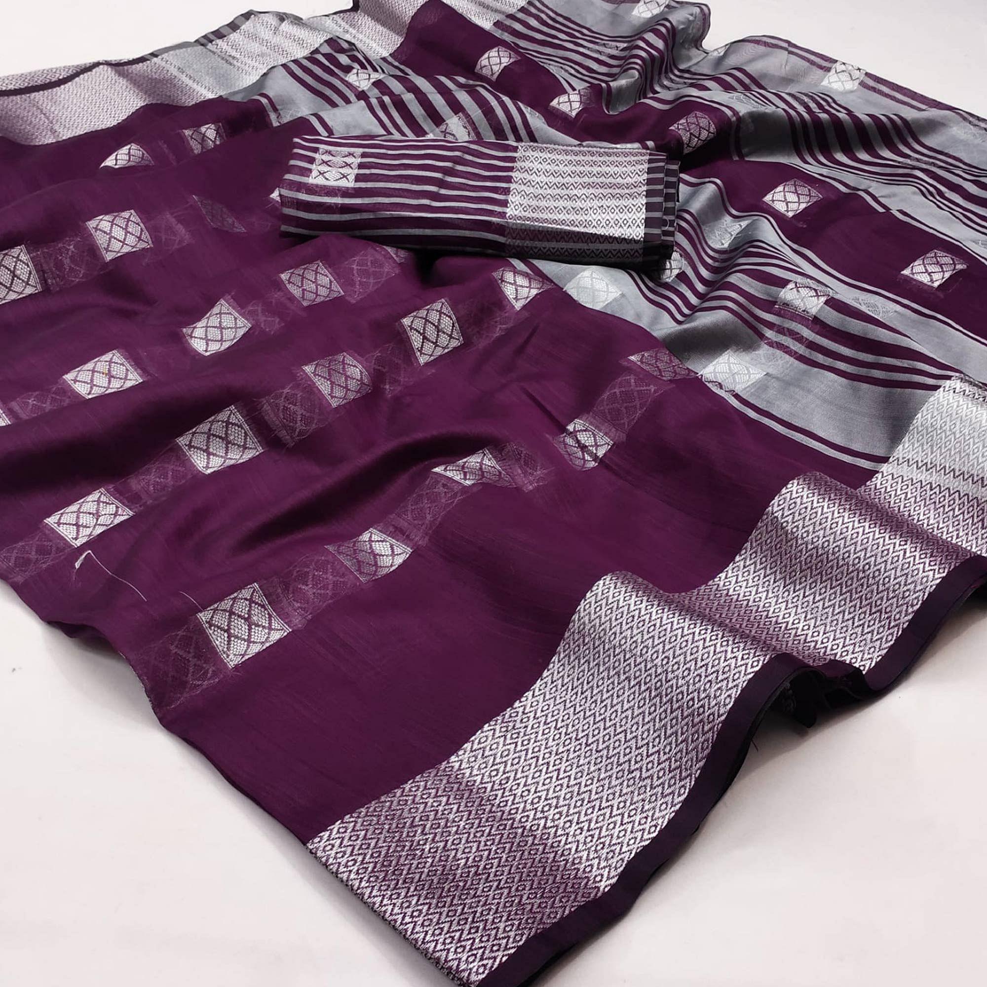 Purple Festive Wear Woven Linen Saree - Peachmode