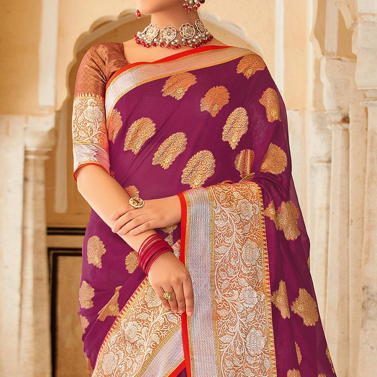 Purple Festive Wear Woven Organza Saree - Peachmode