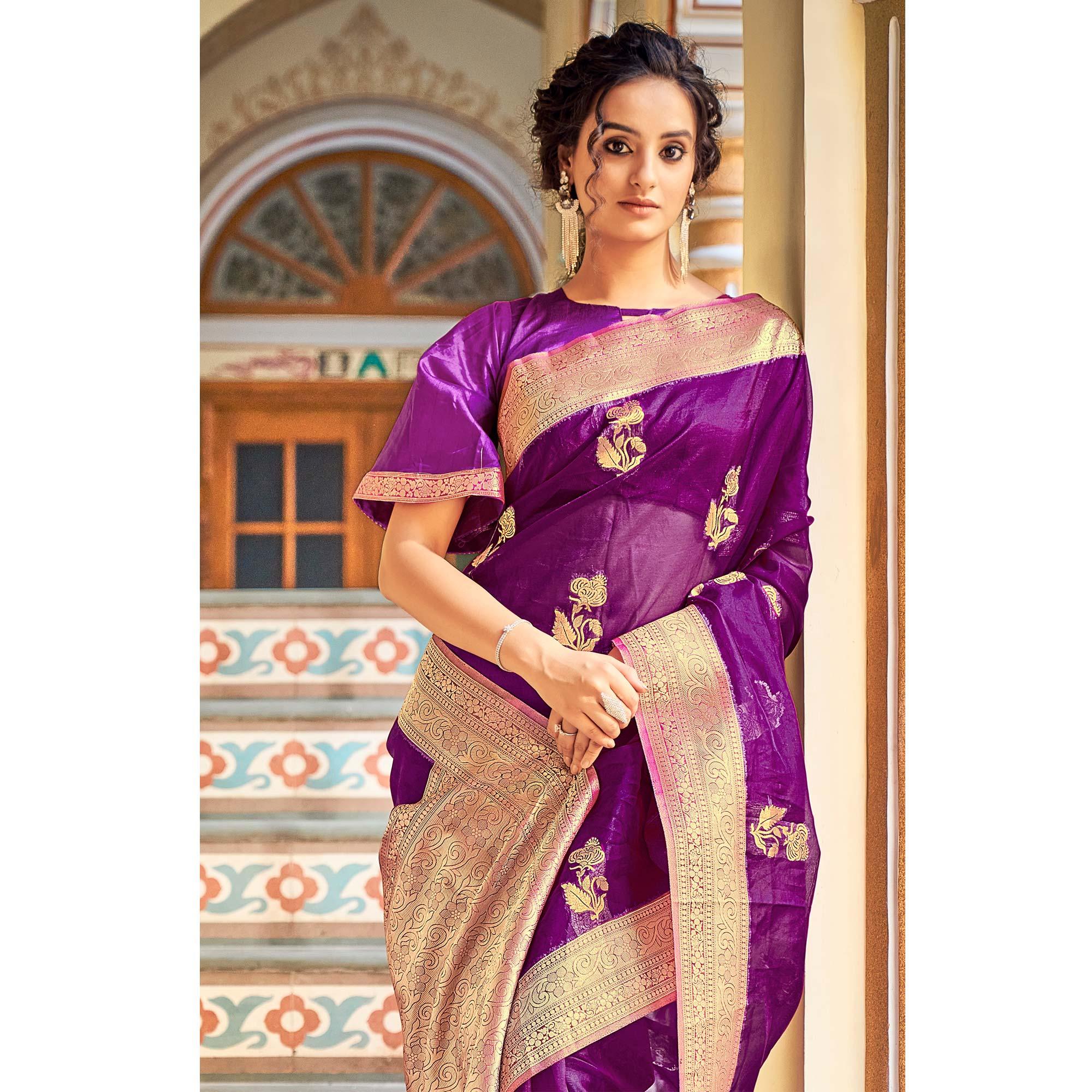 Purple Festive Wear Woven Organza Saree - Peachmode