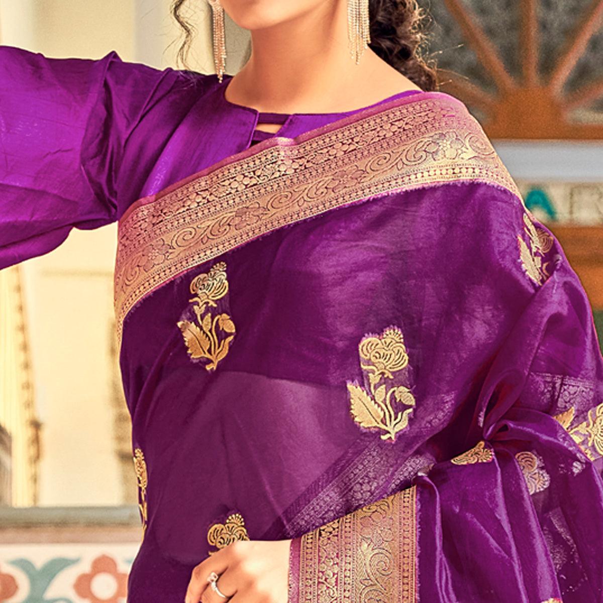 Purple Festive Wear Woven Organza Saree - Peachmode