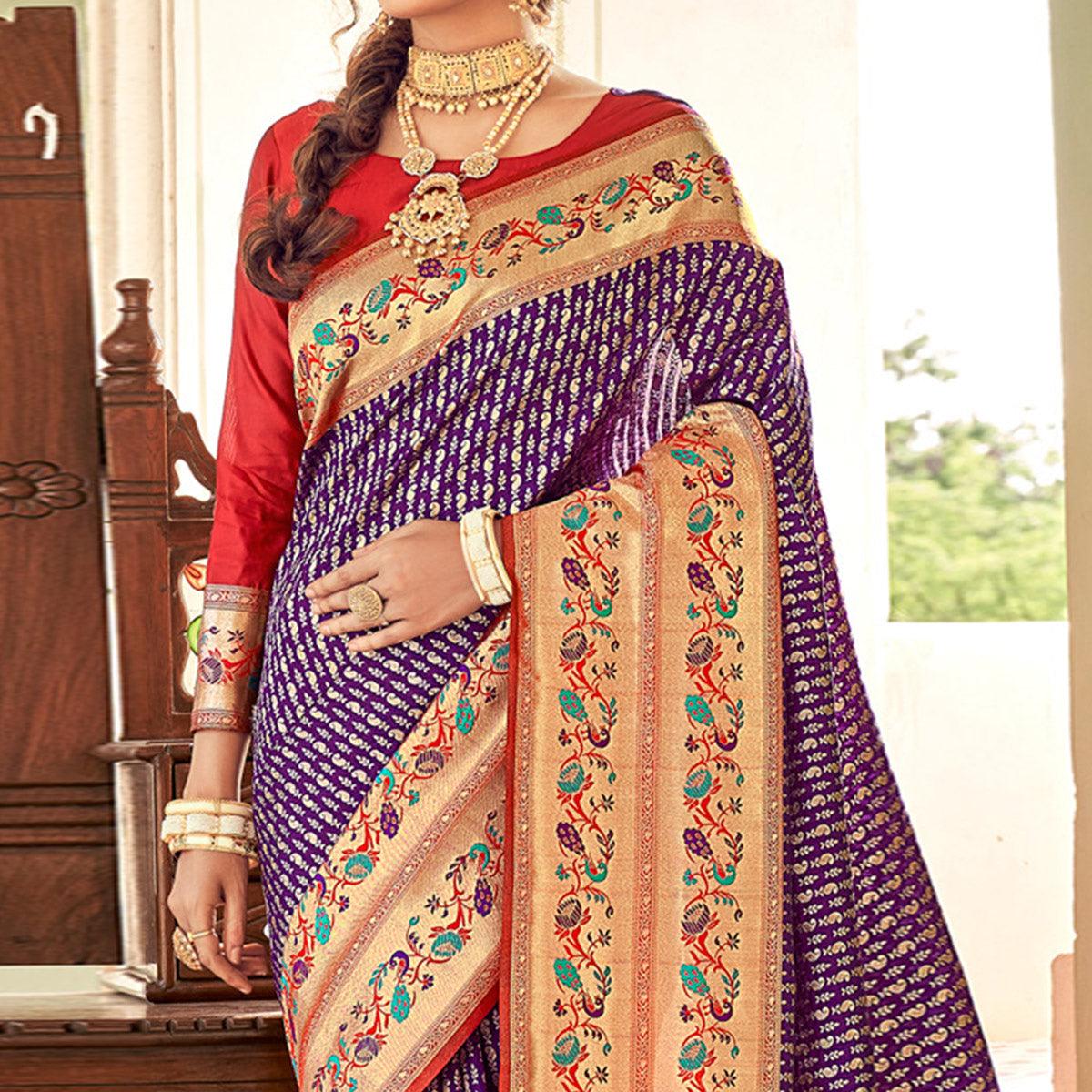 Purple Festive Wear Woven Paithani Silk Saree - Peachmode