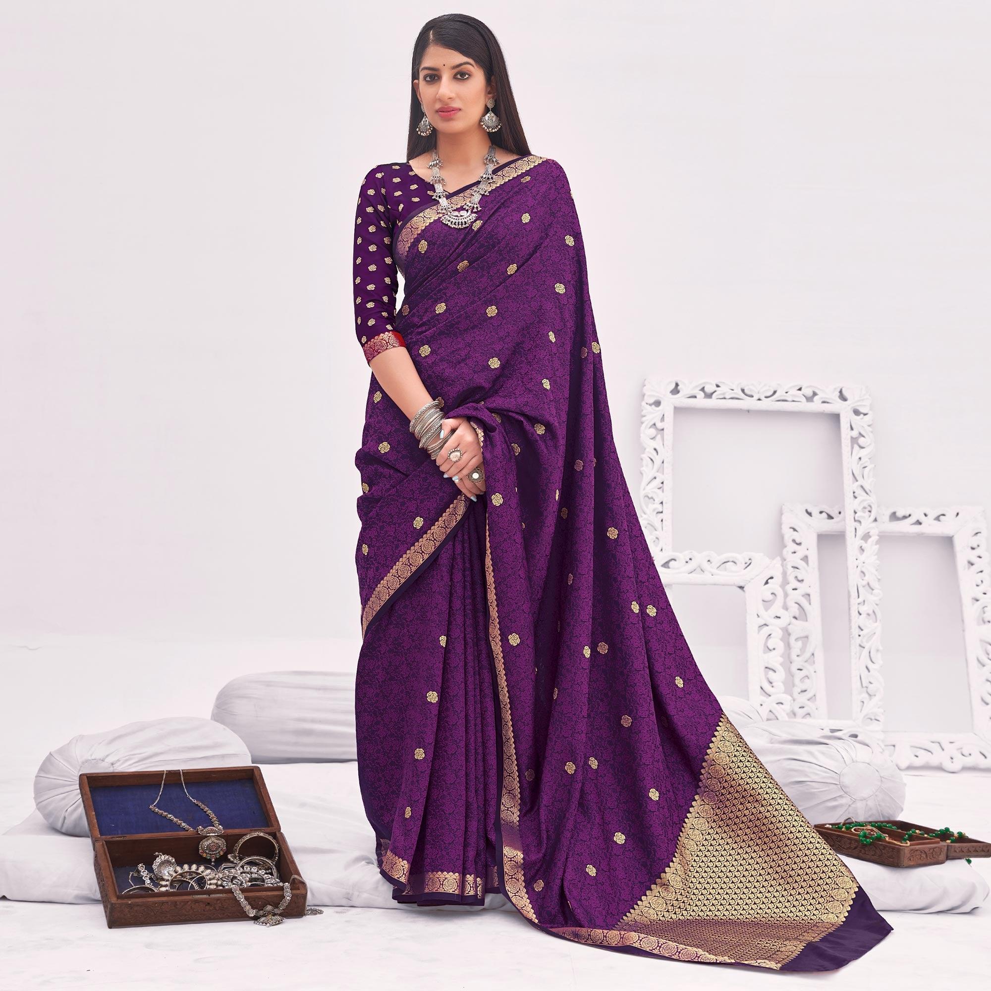Purple Festive Wear Woven Satin Saree - Peachmode