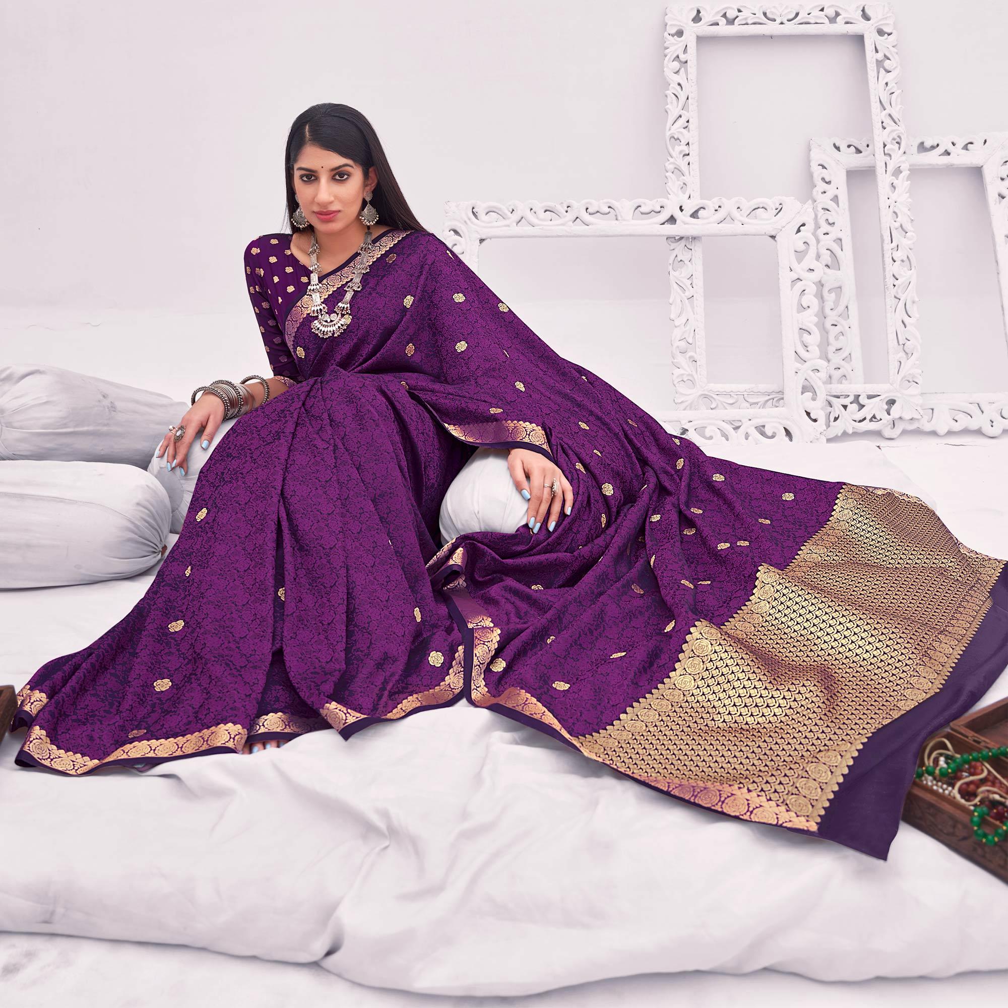 Purple Festive Wear Woven Satin Saree - Peachmode