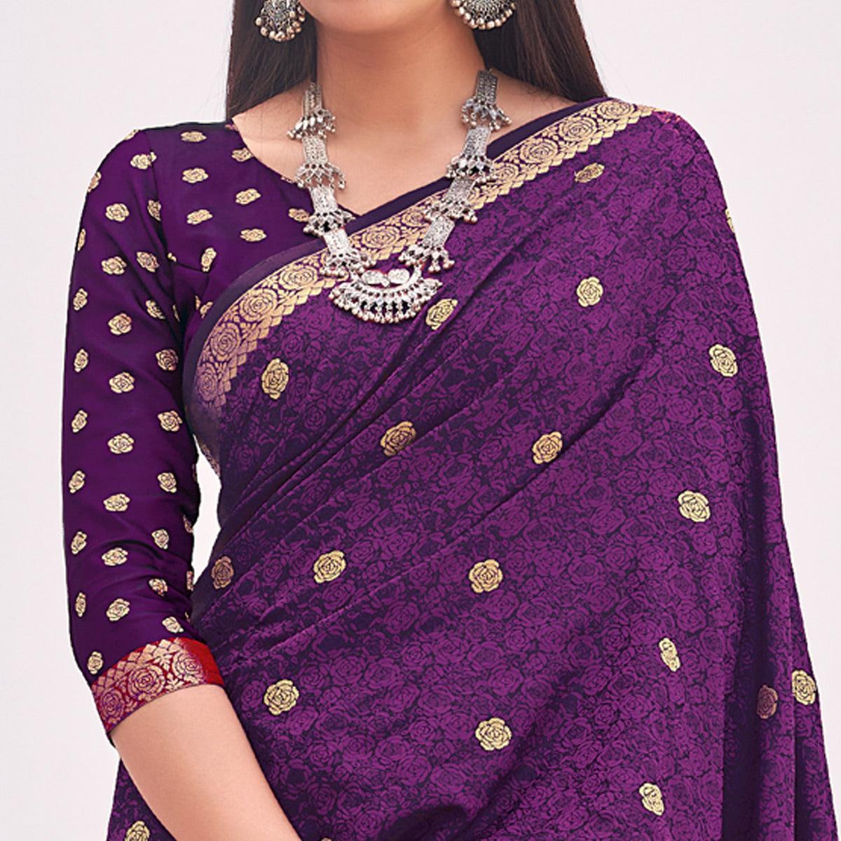 Purple Festive Wear Woven Satin Saree - Peachmode