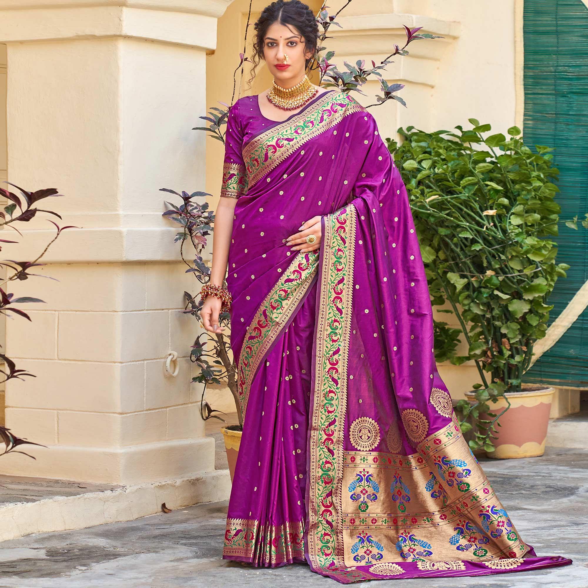 Purple Festive Wear Woven Soft Banarasi Silk Saree - Peachmode