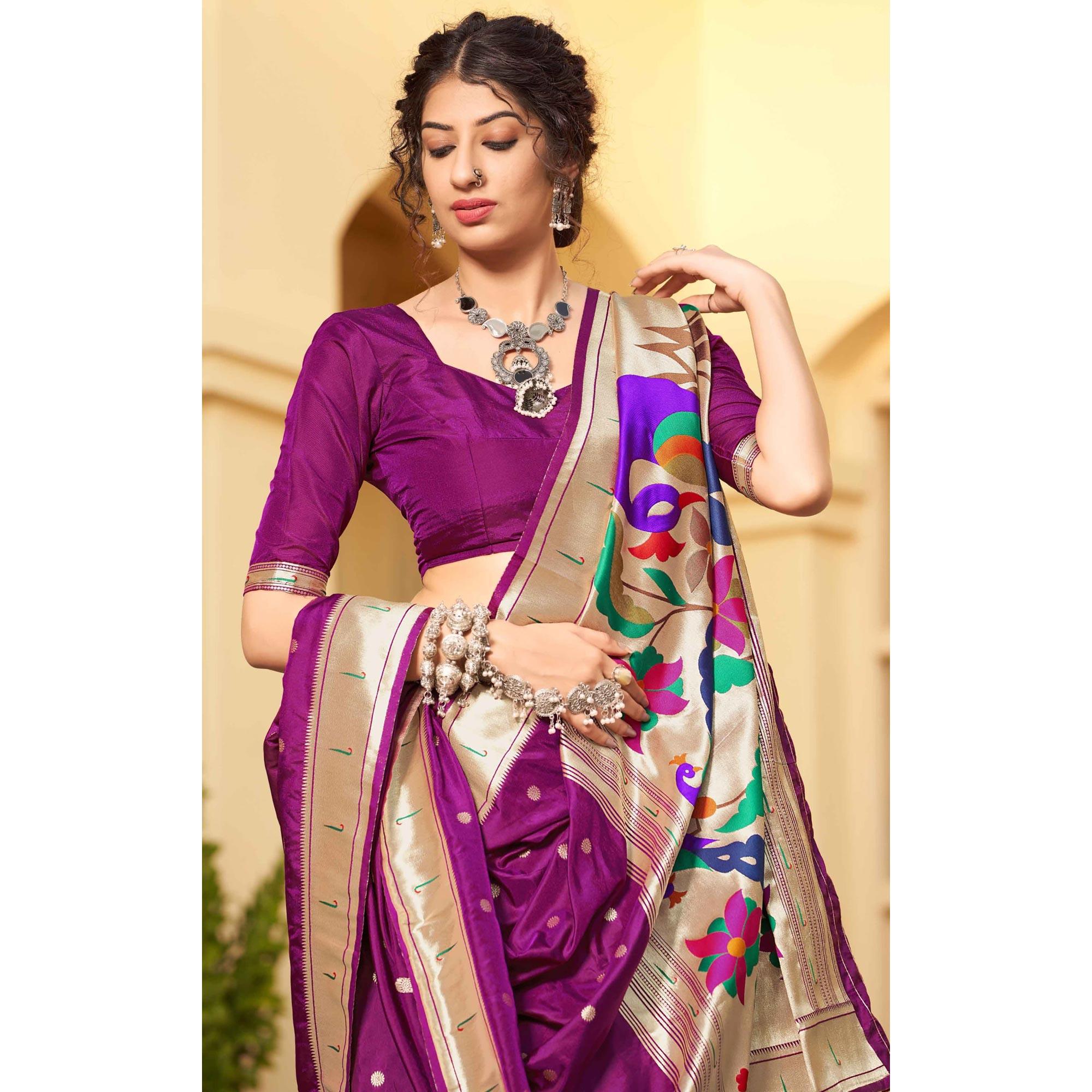 Purple Festive Wear Woven Soft Banarasi Silk Saree - Peachmode