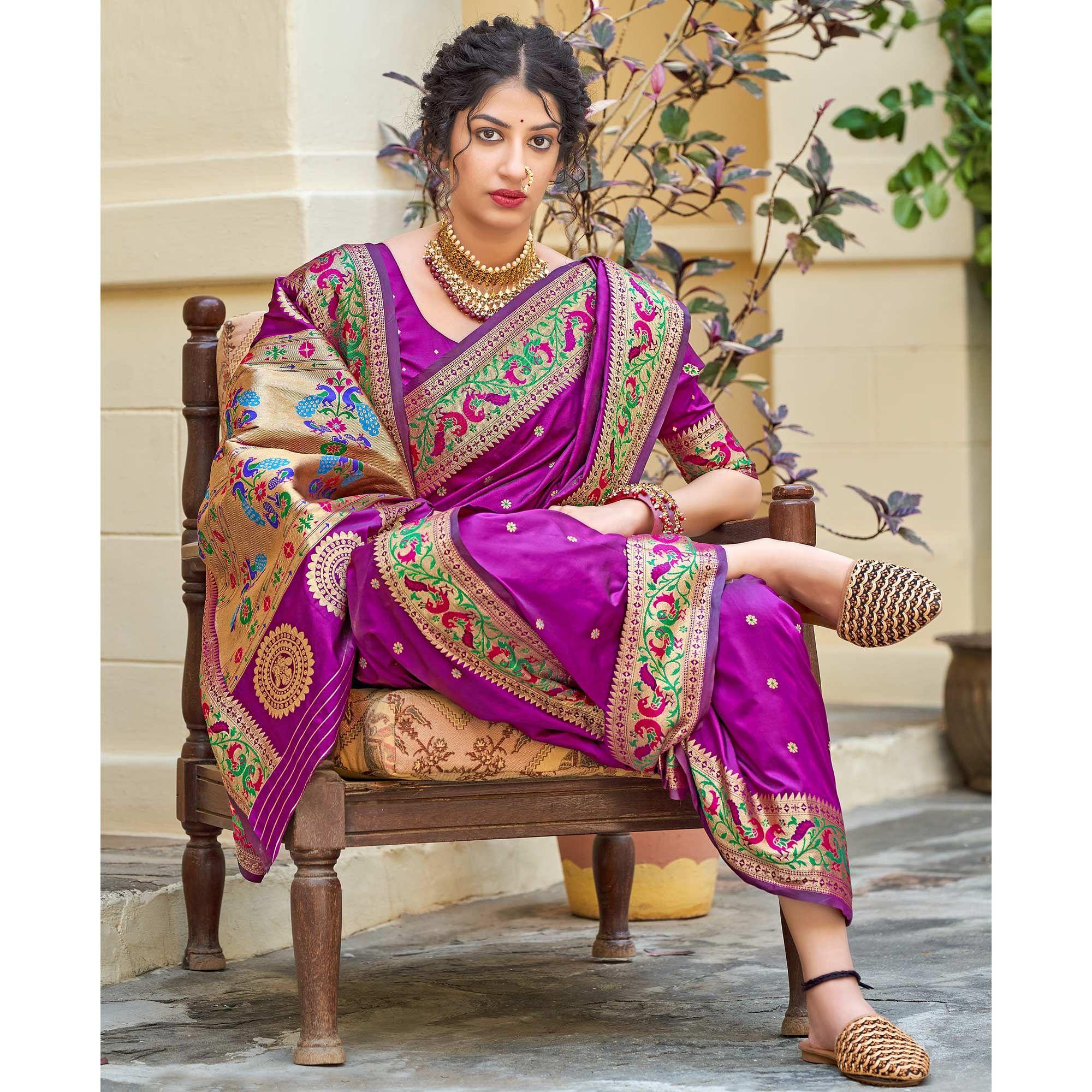 Purple Festive Wear Woven Soft Banarasi Silk Saree - Peachmode