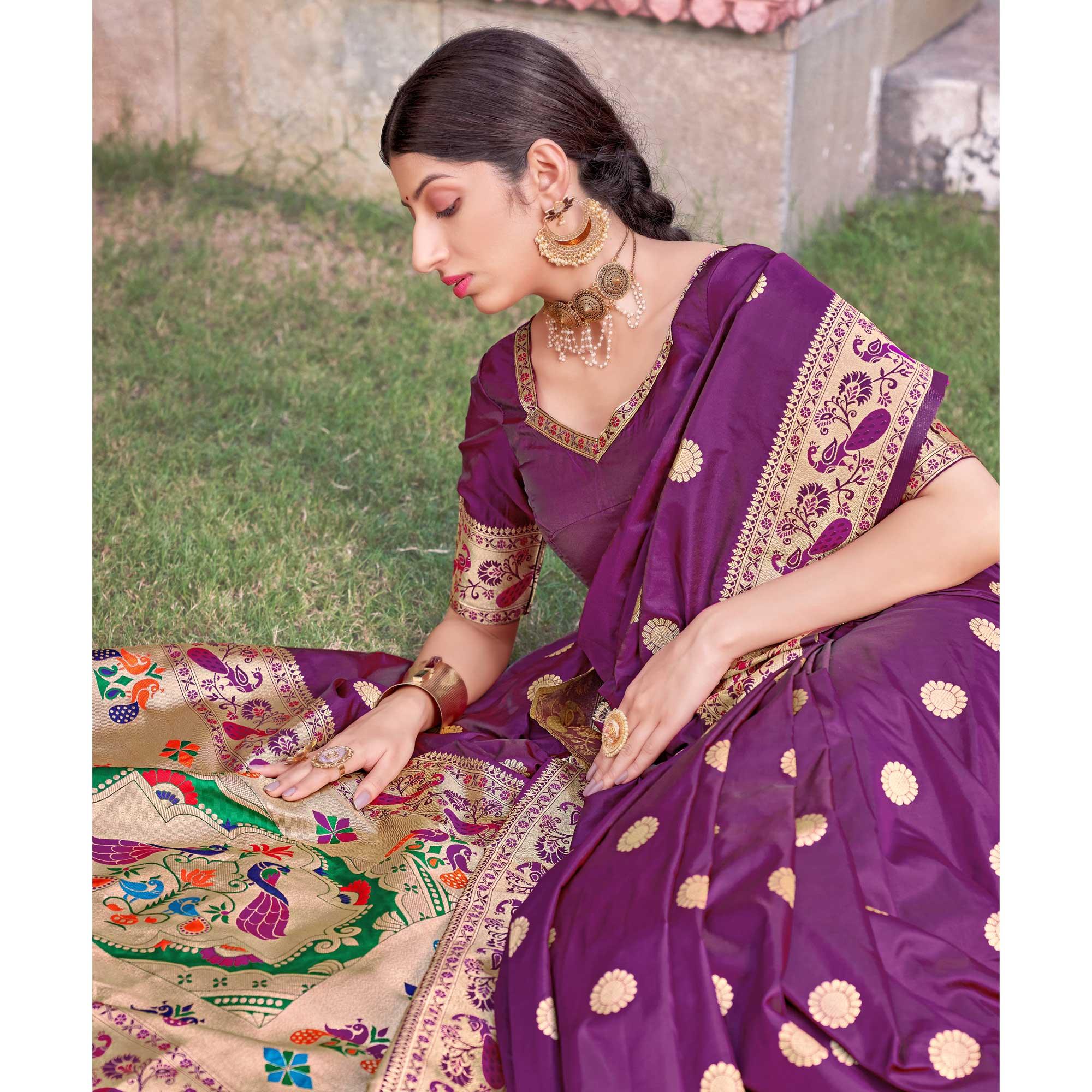 Purple Festive Wear Woven Soft Banarasi Silk Saree - Peachmode