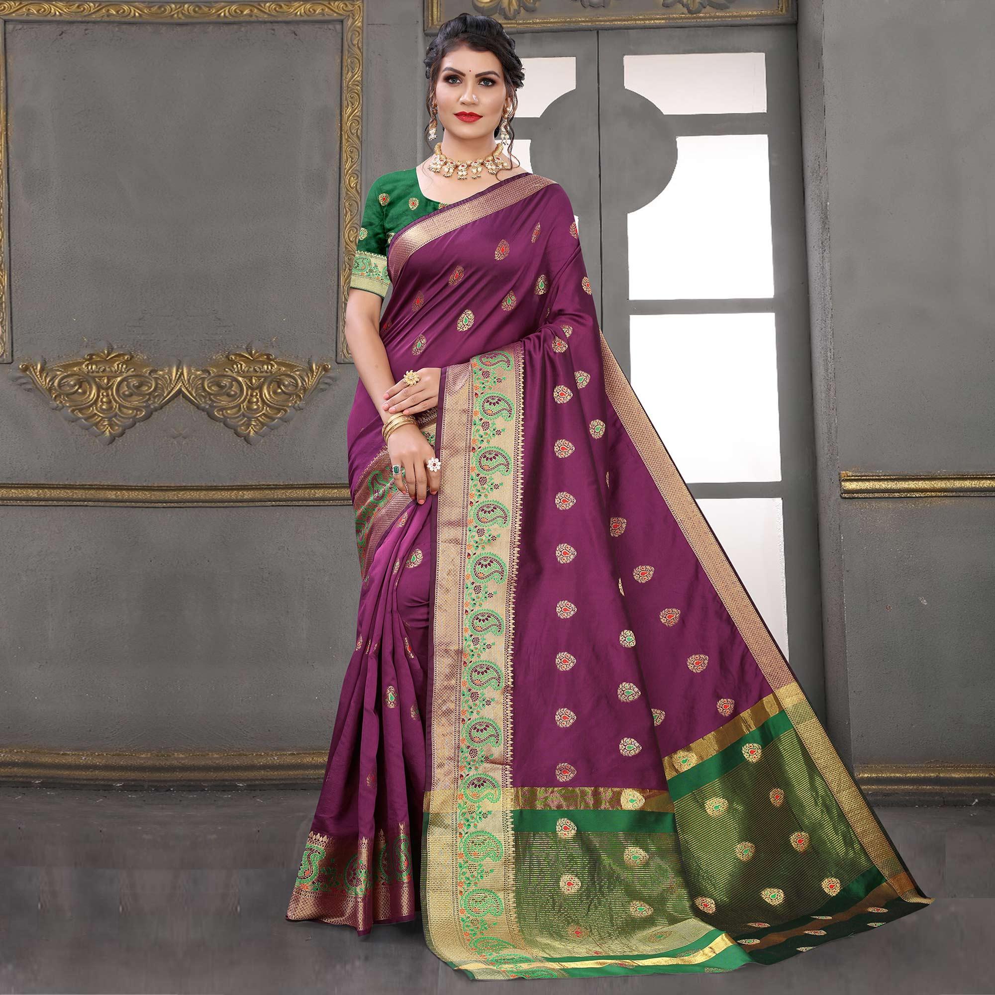 Purple Festive Wear Woven With Meena Butta Lining Pallu Soft Silk Saree - Peachmode