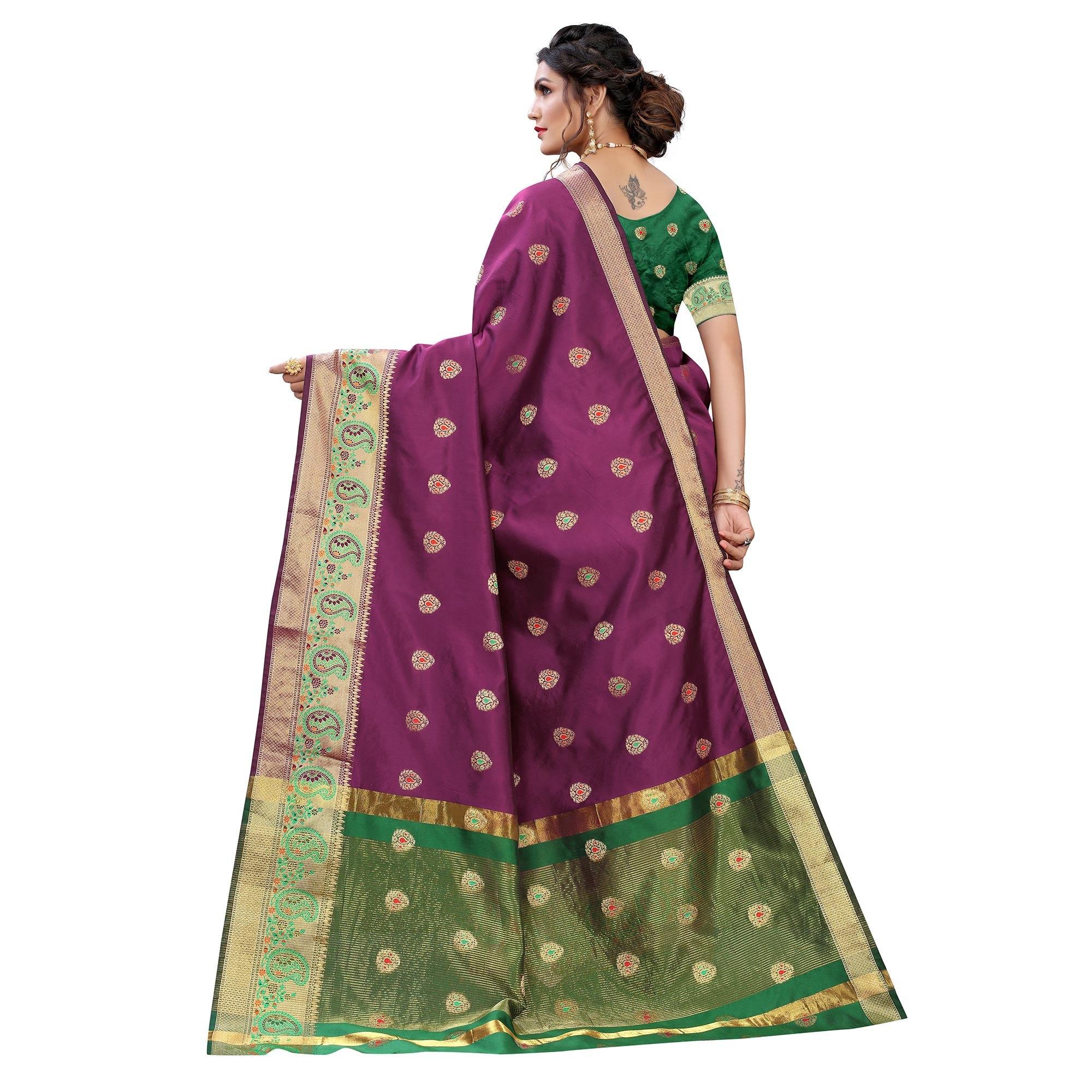 Purple Festive Wear Woven With Meena Butta Lining Pallu Soft Silk Saree - Peachmode