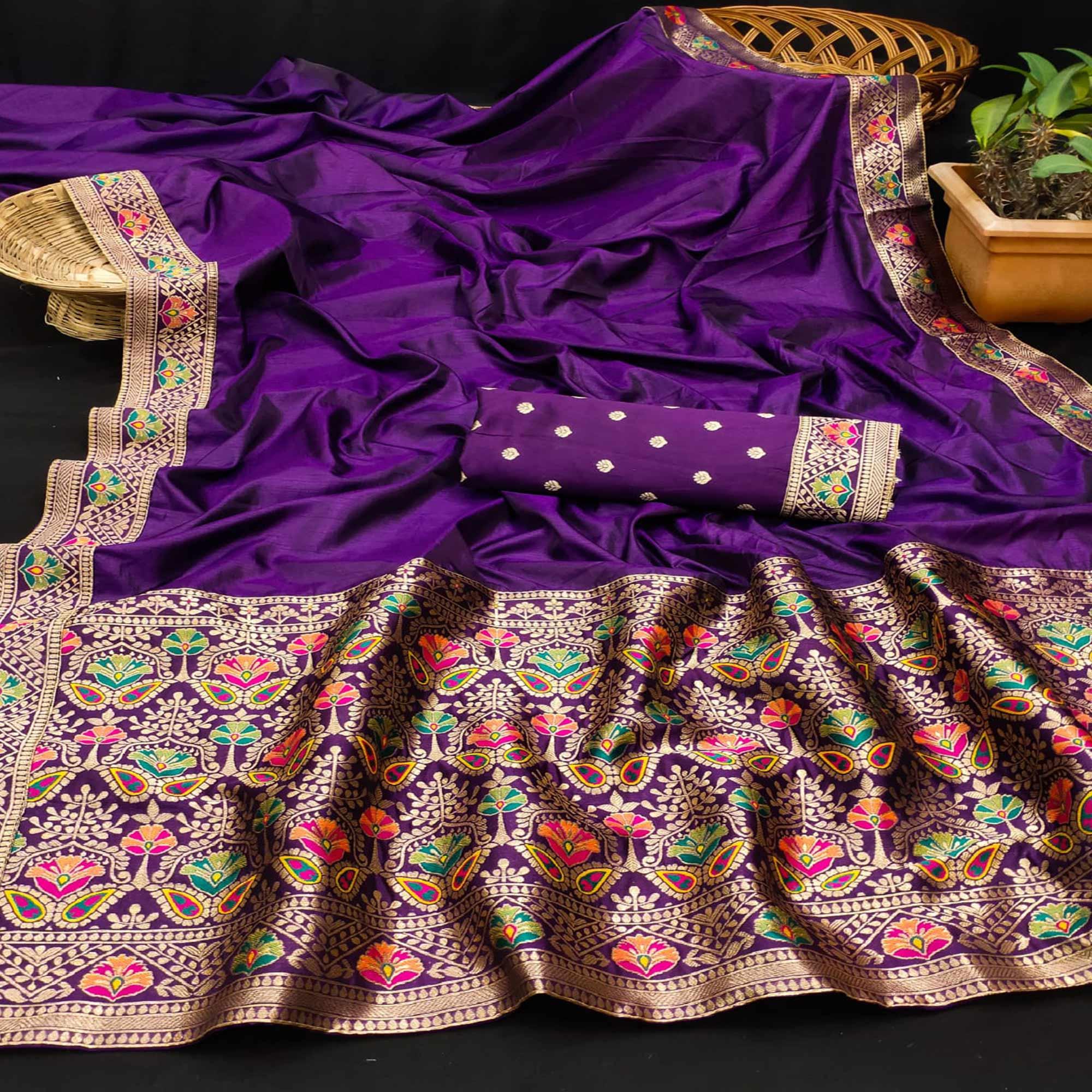 Purple Festive Wear Zari Woven With Jacquard Lace & Pallu Sana Silk Saree - Peachmode