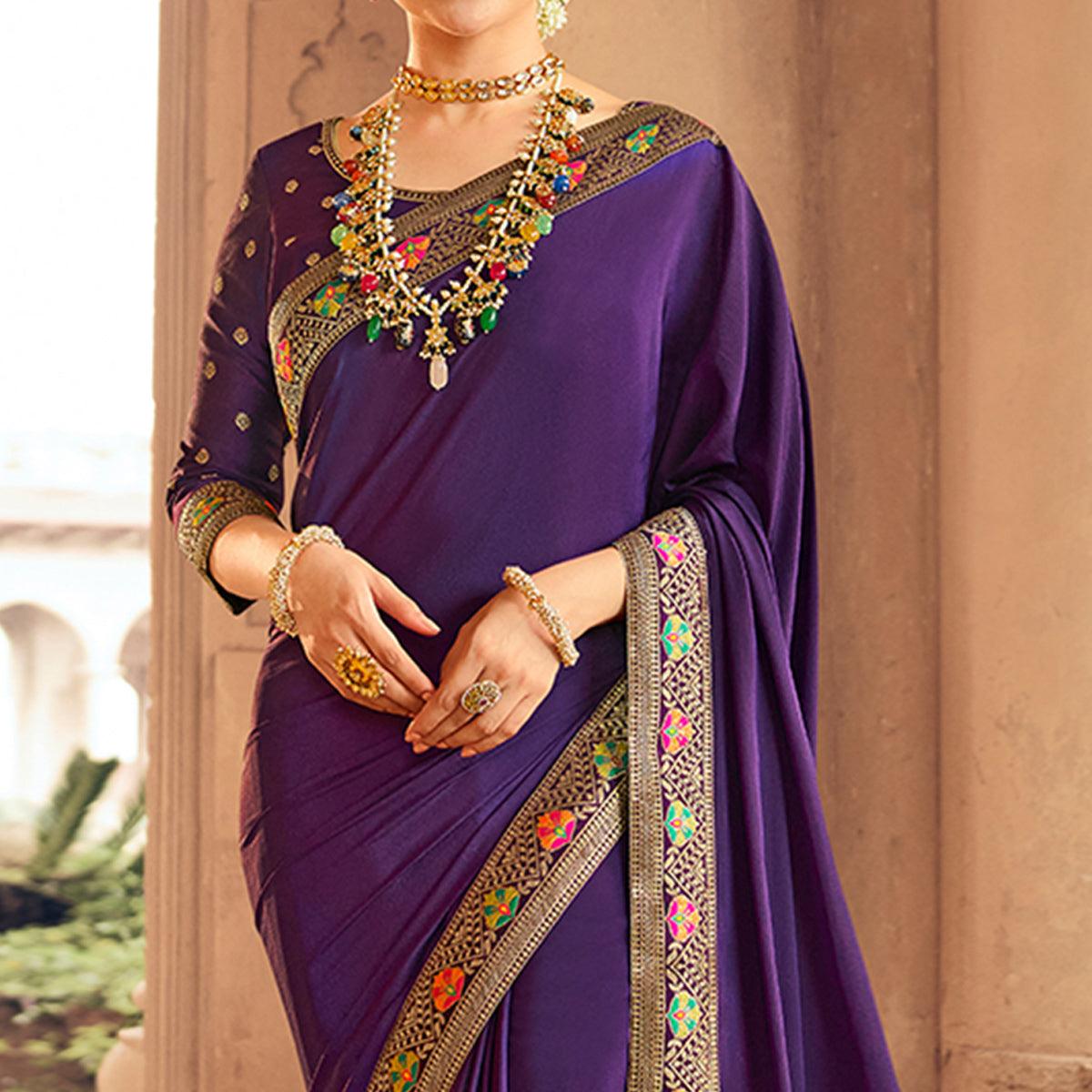 Purple Festive Wear Zari Woven With Jacquard Lace & Pallu Sana Silk Saree - Peachmode