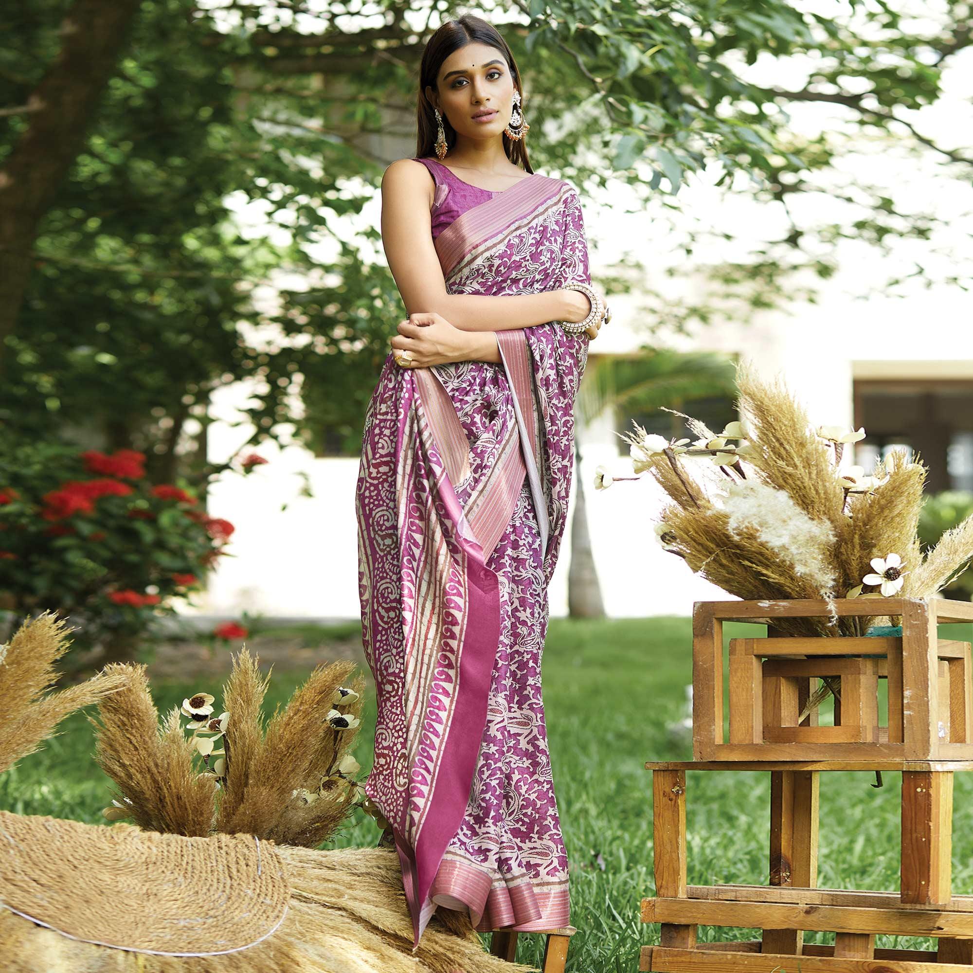 Purple Floral Digital Printed Art Silk Saree - Peachmode