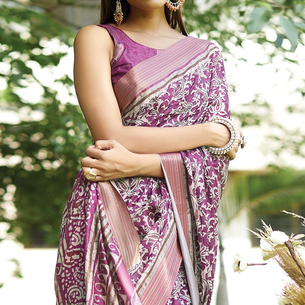 Purple Floral Digital Printed Art Silk Saree - Peachmode