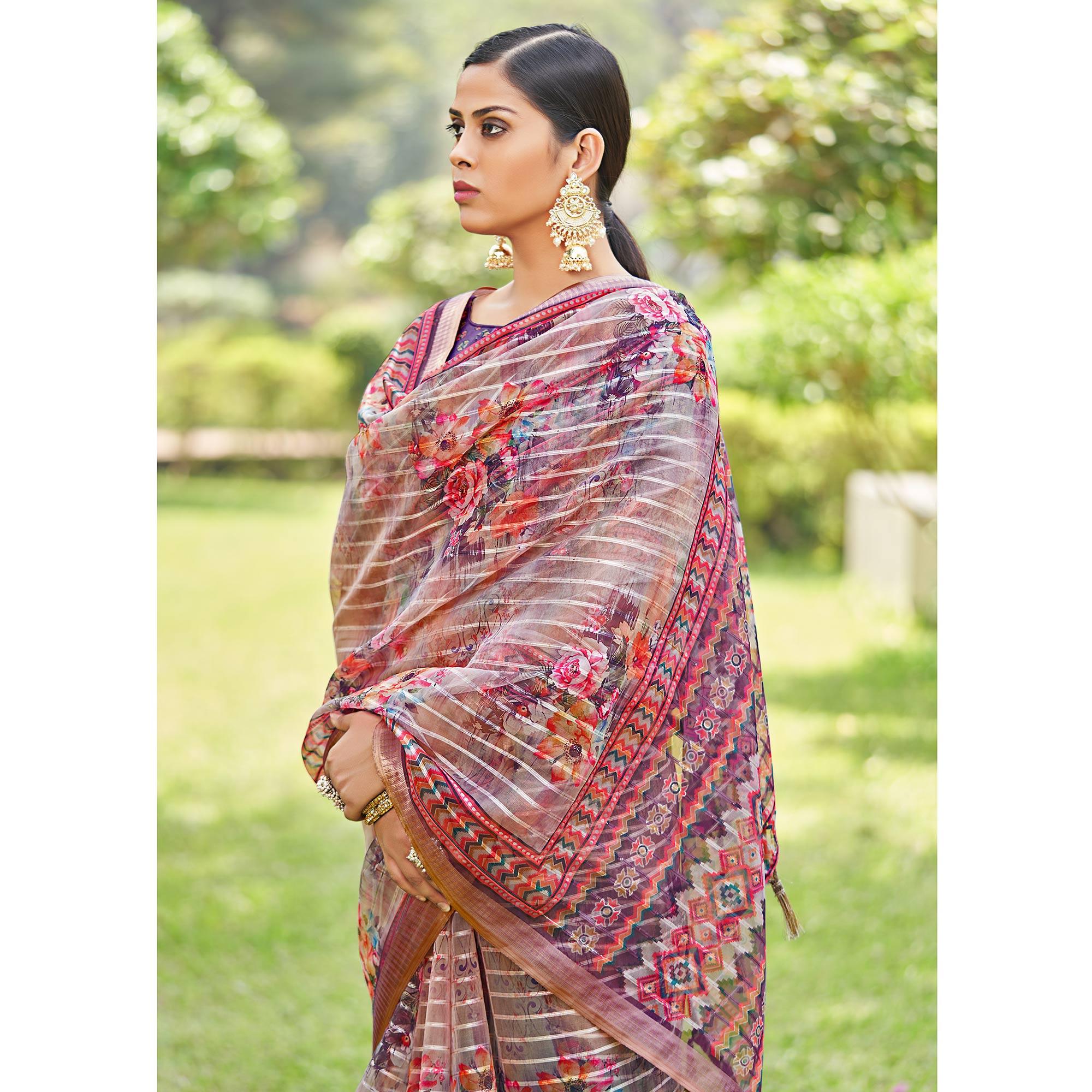 Purple Floral Digital Printed With Sequence Linen Saree - Peachmode