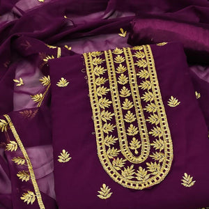 Purple Floral Embroidered Georgette Dress Material - Peachmode