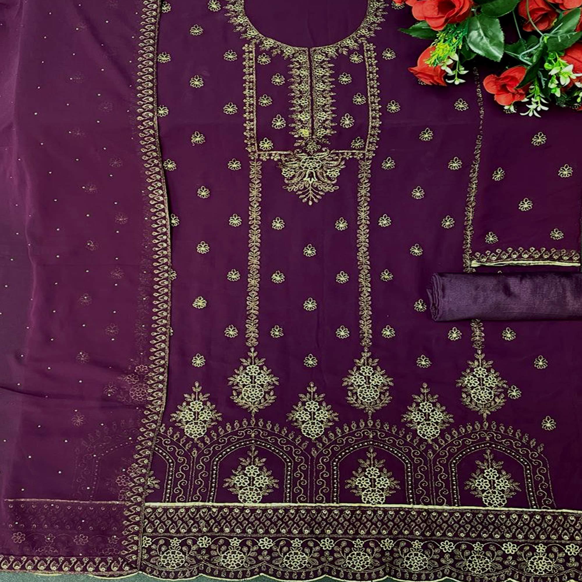Purple Floral Embroidered Georgette Pakistani Suit - Peachmode