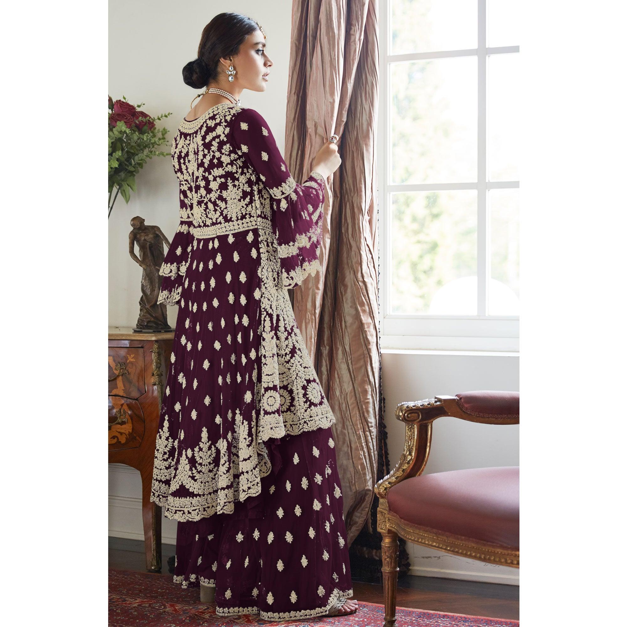 Purple Floral Embroidered Net Sharara Suit - Peachmode
