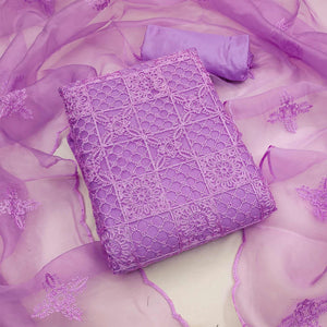 Purple Floral Embroidered Organza Dress Material - Peachmode