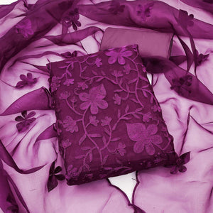 Purple Floral Embroidered Organza Dress Material - Peachmode