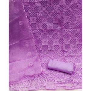 Purple Floral Embroidered Organza Dress Material - Peachmode