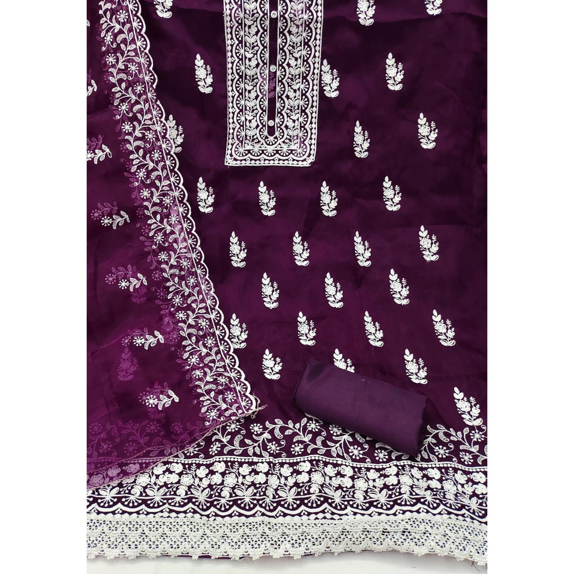 Purple Floral Embroidered Organza Dress Material - Peachmode