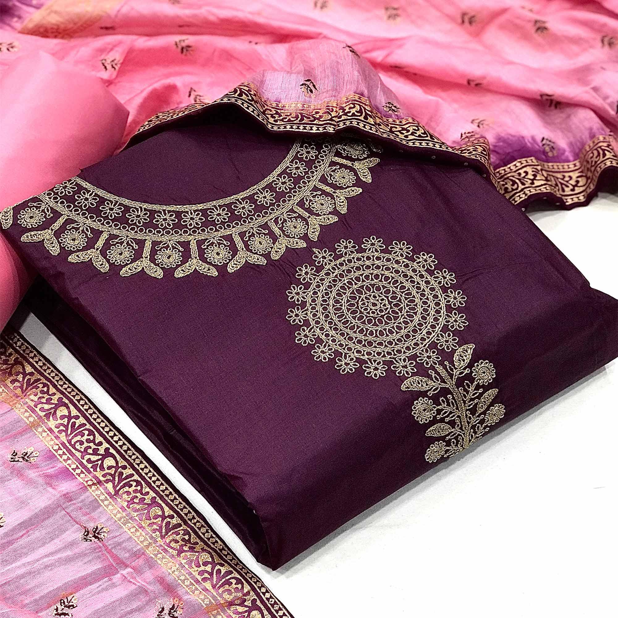 Purple Floral Embroidered Pure Cotton Dress Material - Peachmode