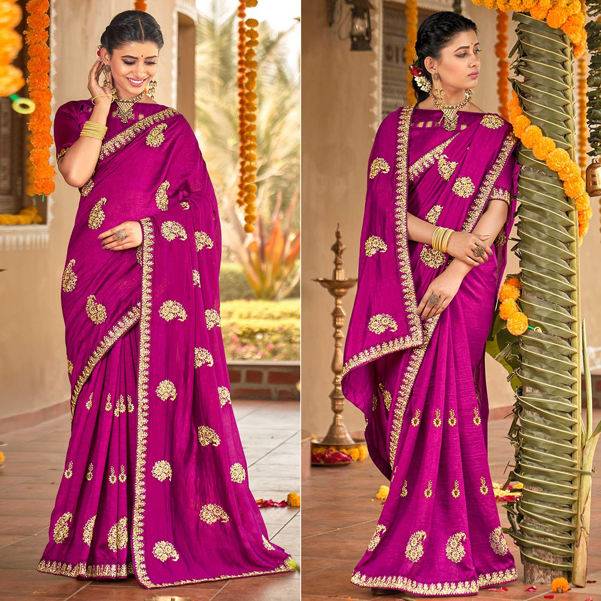 Purple Floral Embroidered Vichitra Silk Saree - Peachmode