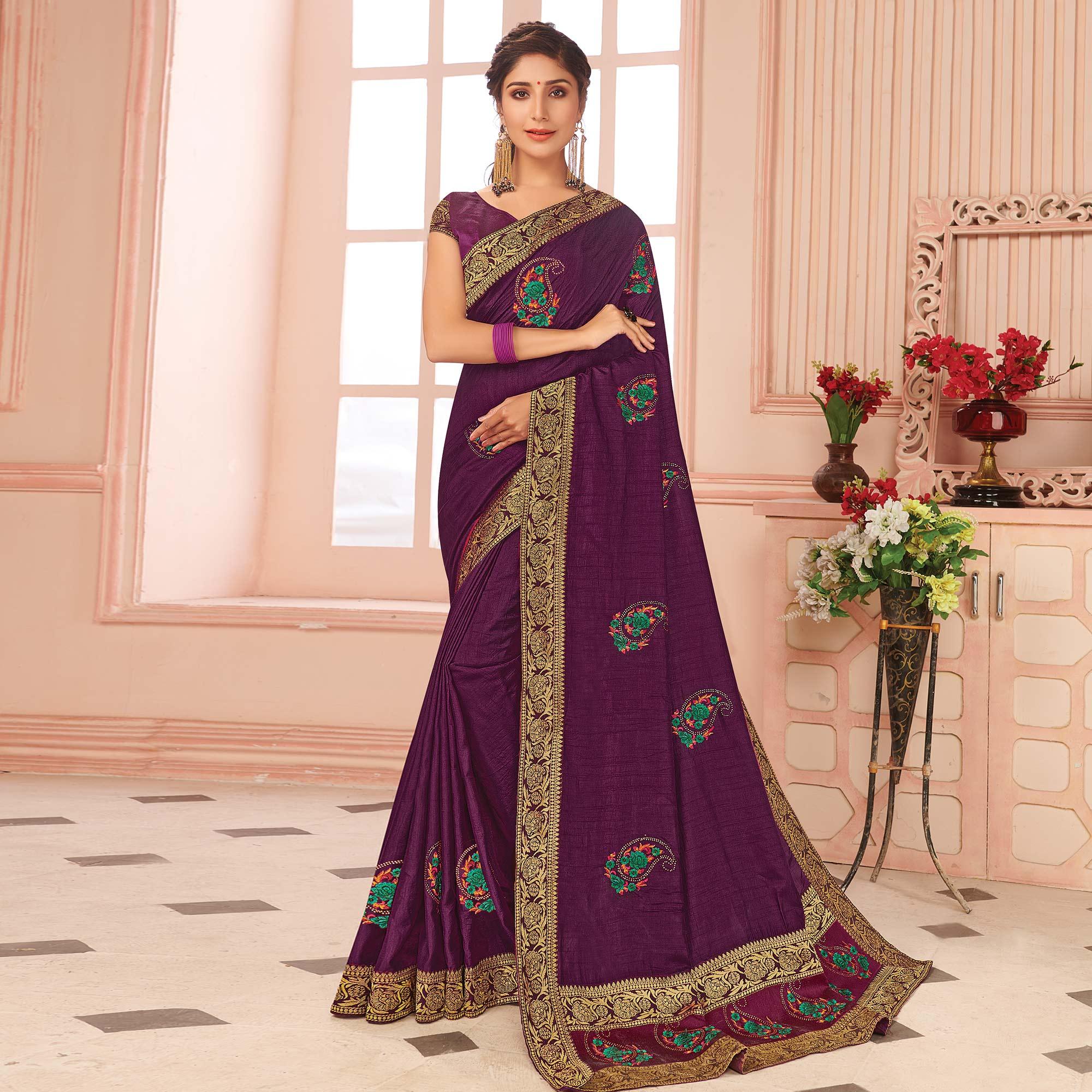 Purple Floral Embroidered Vichitra Silk Saree - Peachmode