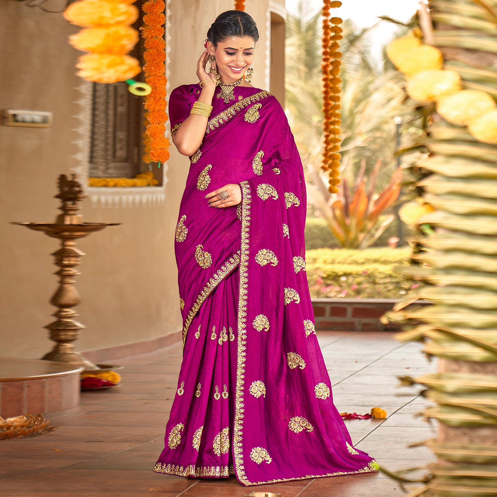 Purple Floral Embroidered Vichitra Silk Saree - Peachmode