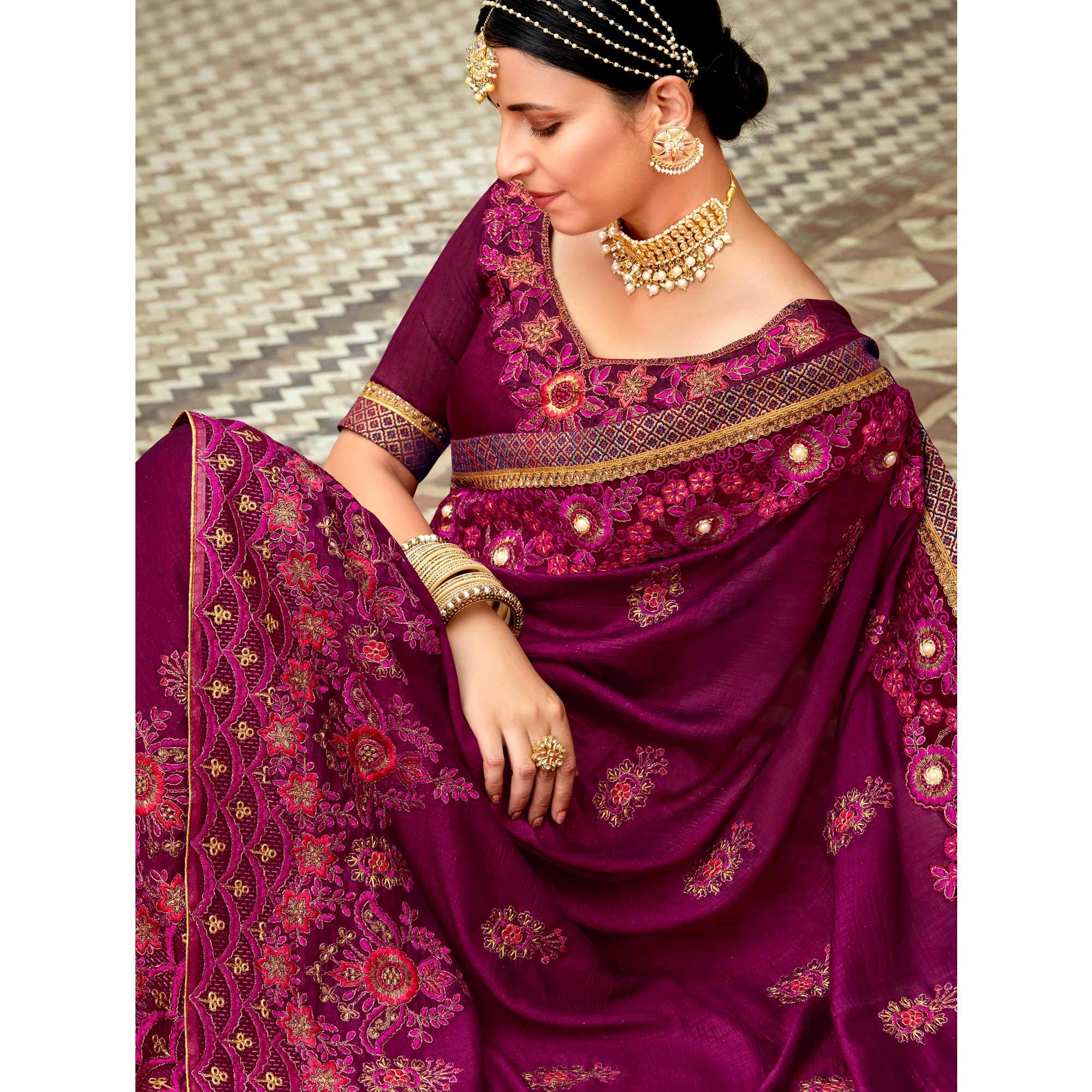 Purple Floral Embroidered Vichitra Silk Saree - Peachmode