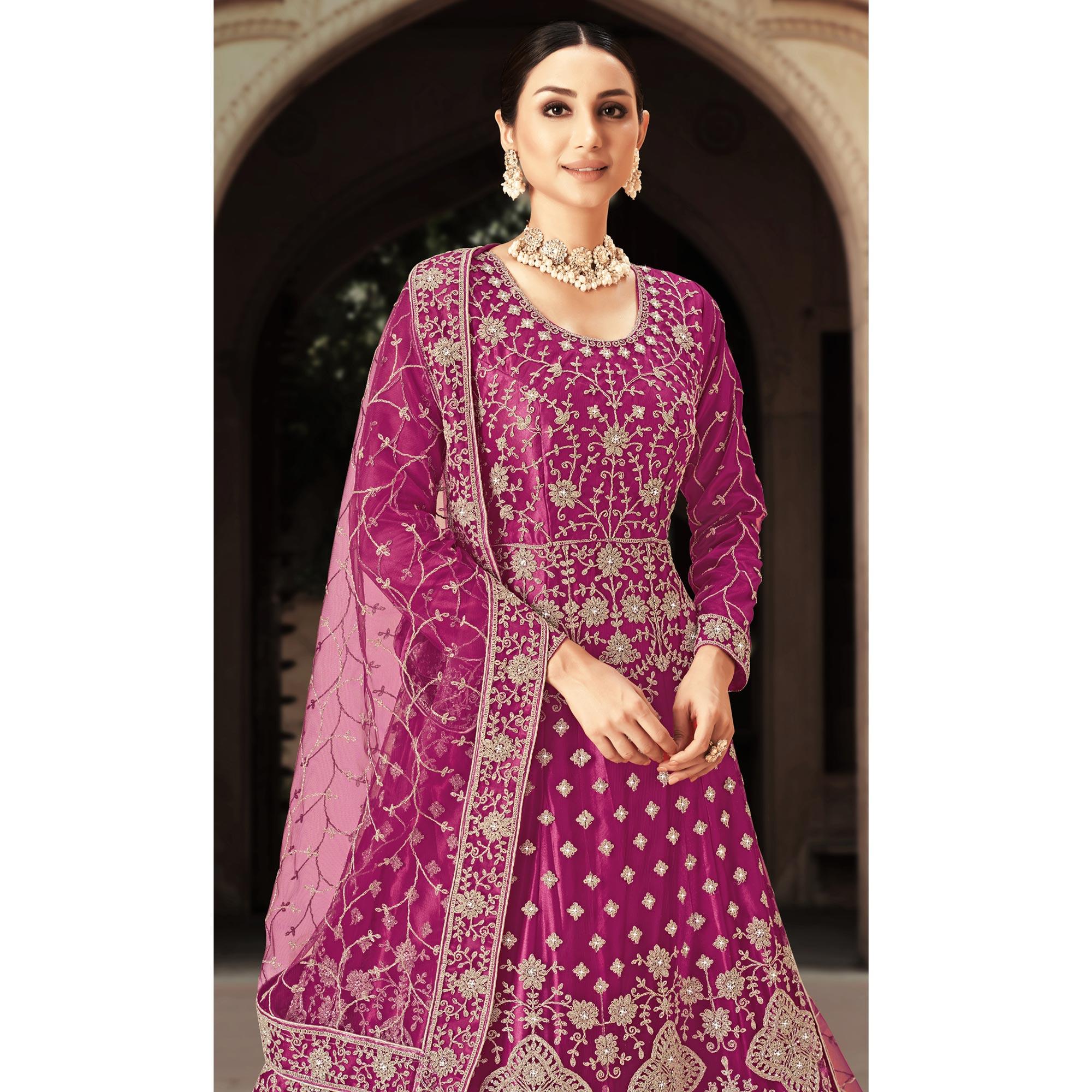 Purple Floral Embroidered With Diamond Work Net Gown - Peachmode