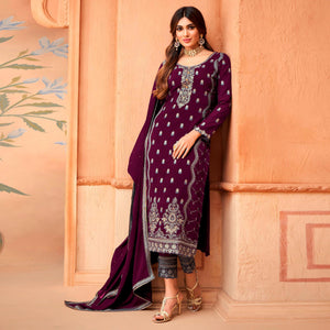 Purple Floral Embroidery Designer Georgette Partywear Suit - Peachmode