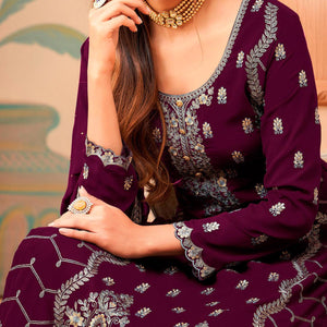 Purple Floral Embroidery Designer Georgette Partywear Suit - Peachmode