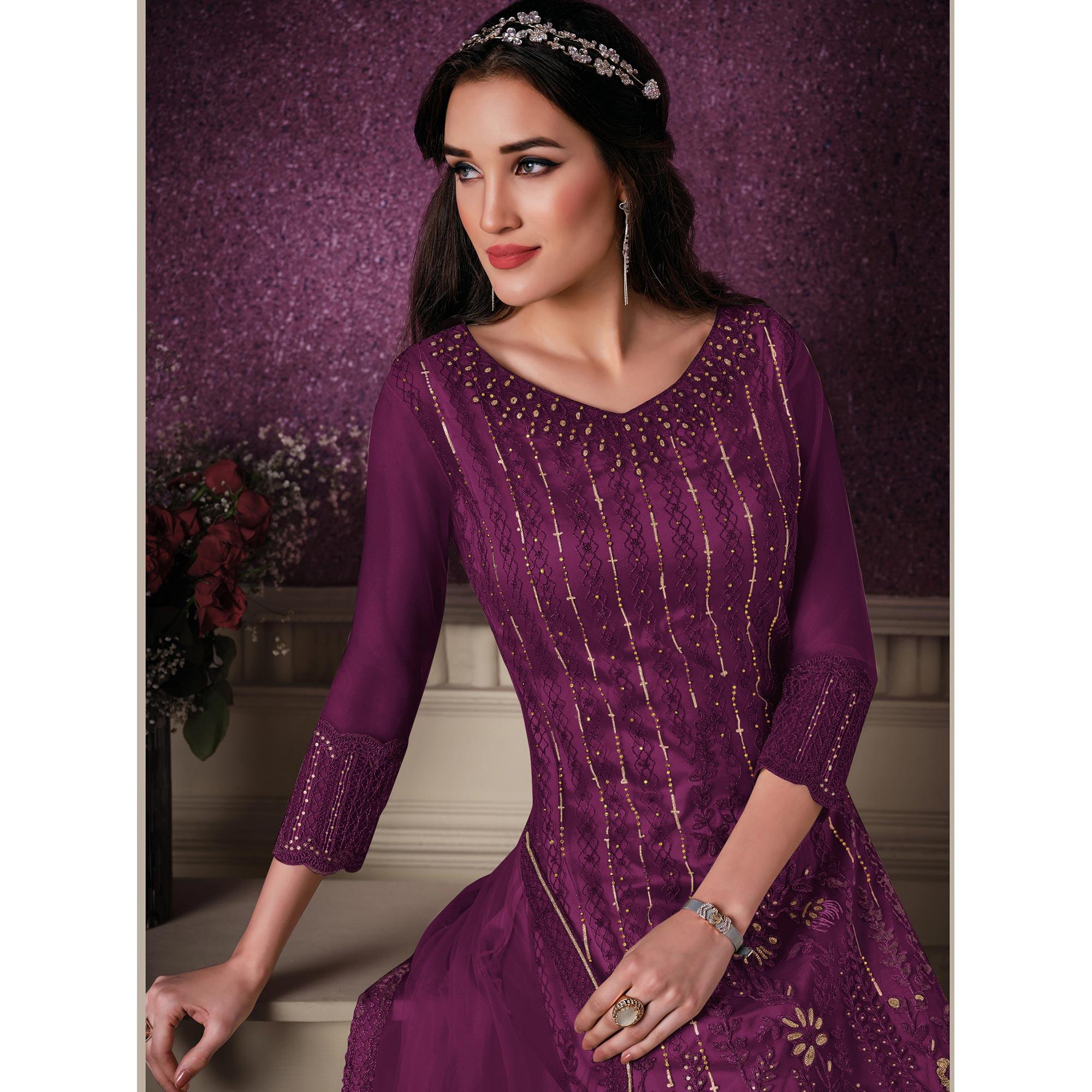 Purple Floral Embroidery Designer Heavy Butterfly Net Partywear Suit - Peachmode