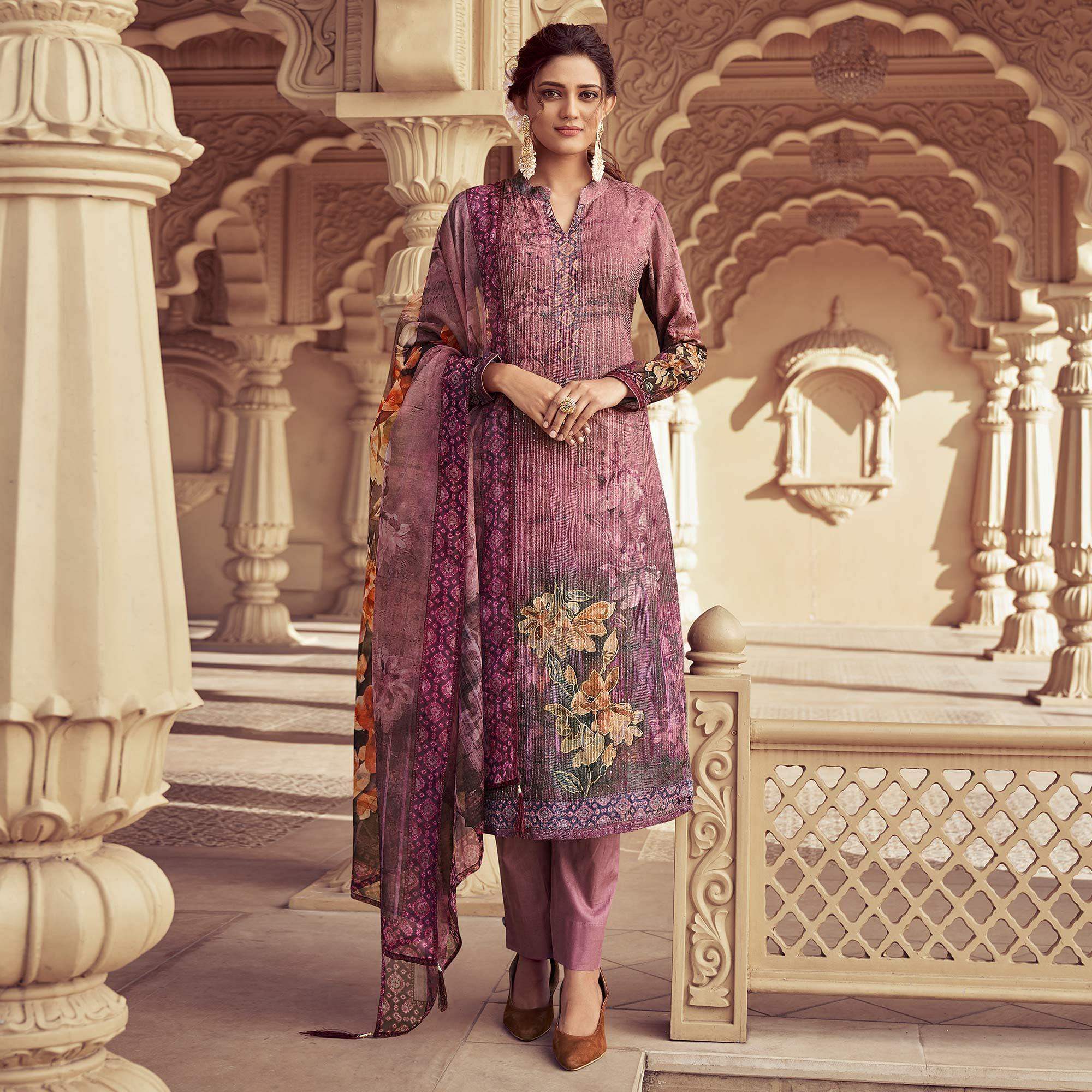 Purple Floral Print With Sequence Embroidered Royal chinon Partywear Suit - Peachmode