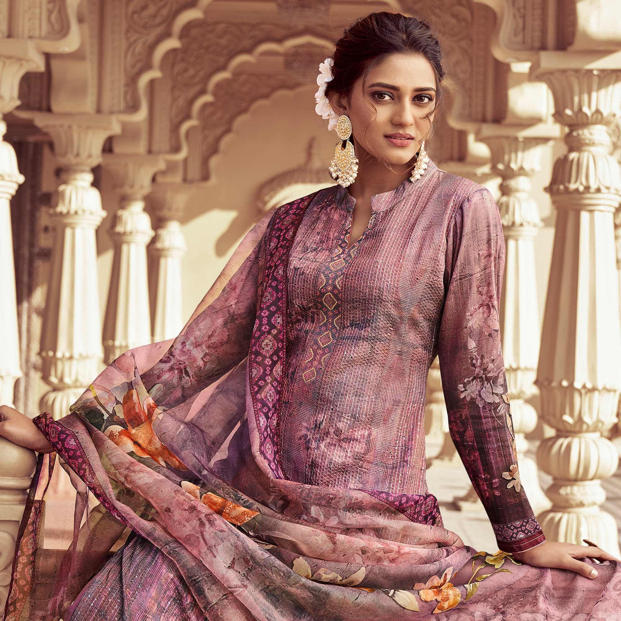 Purple Floral Print With Sequence Embroidered Royal chinon Partywear Suit - Peachmode