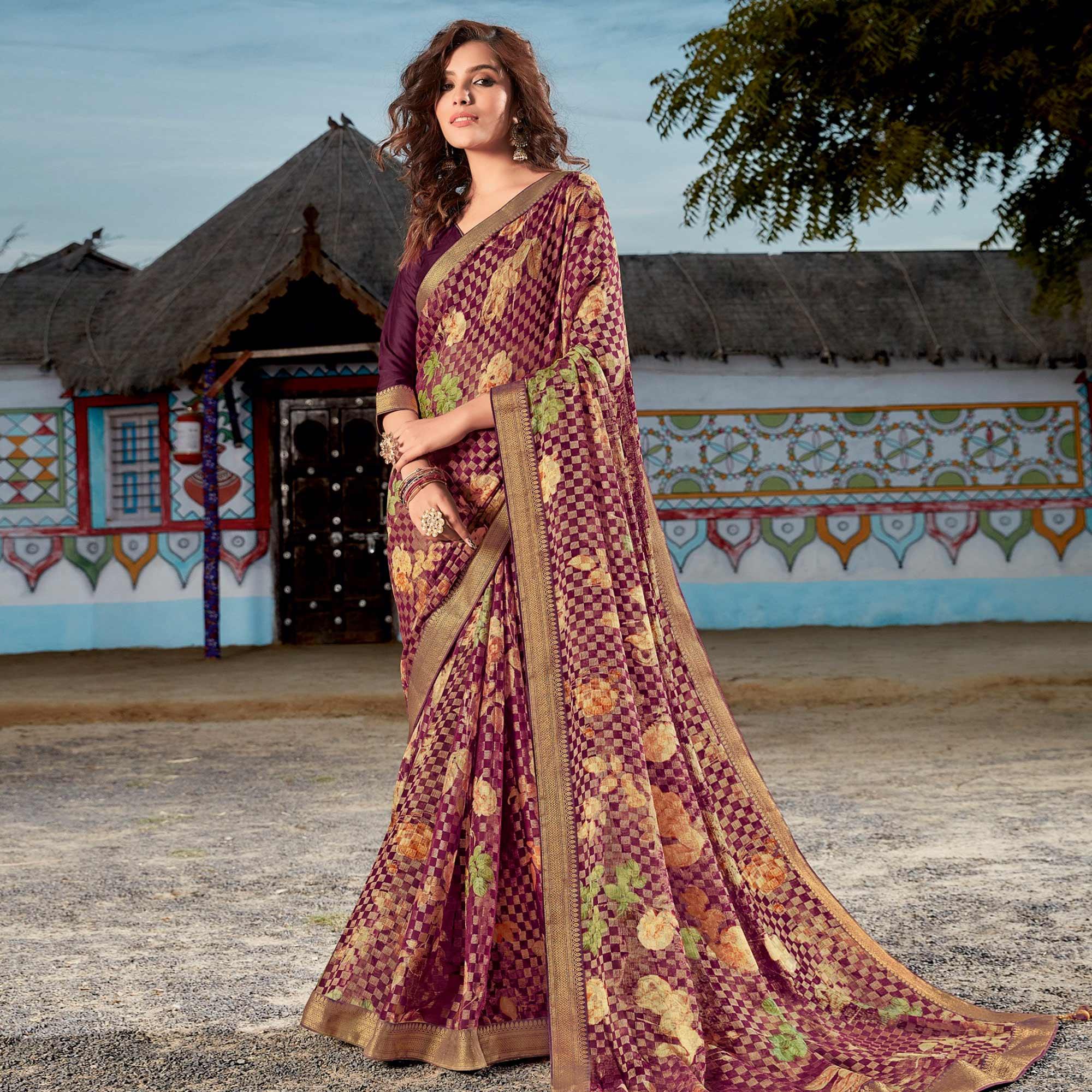 Purple Floral Printed Brasso Saree - Peachmode