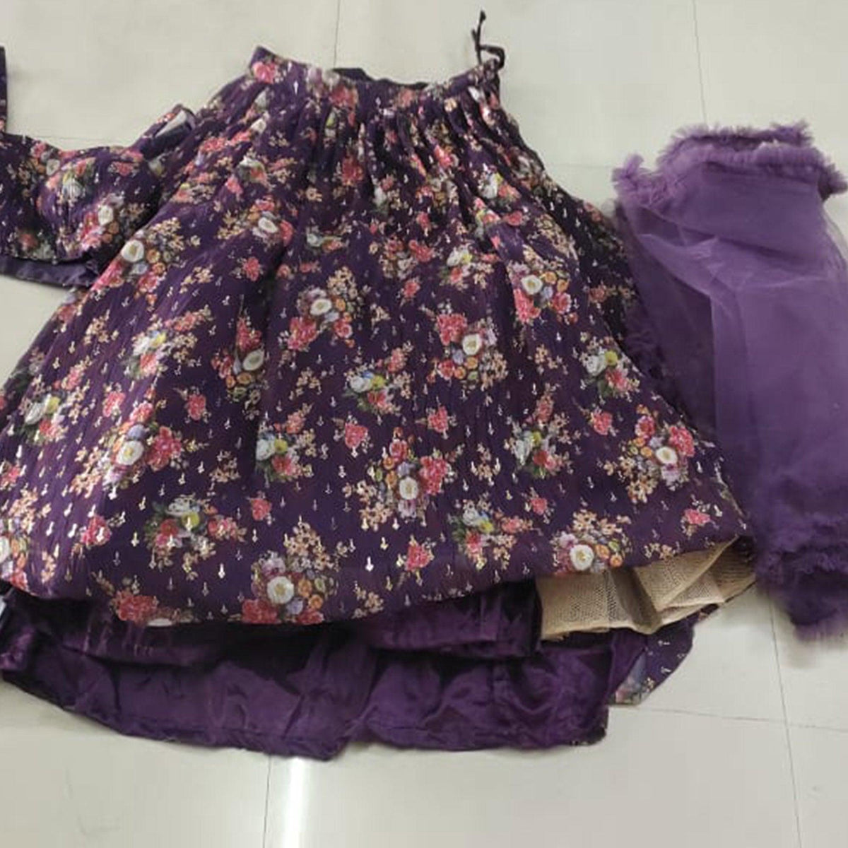 Purple Floral Printed Georgette Lehenga Choli - Peachmode