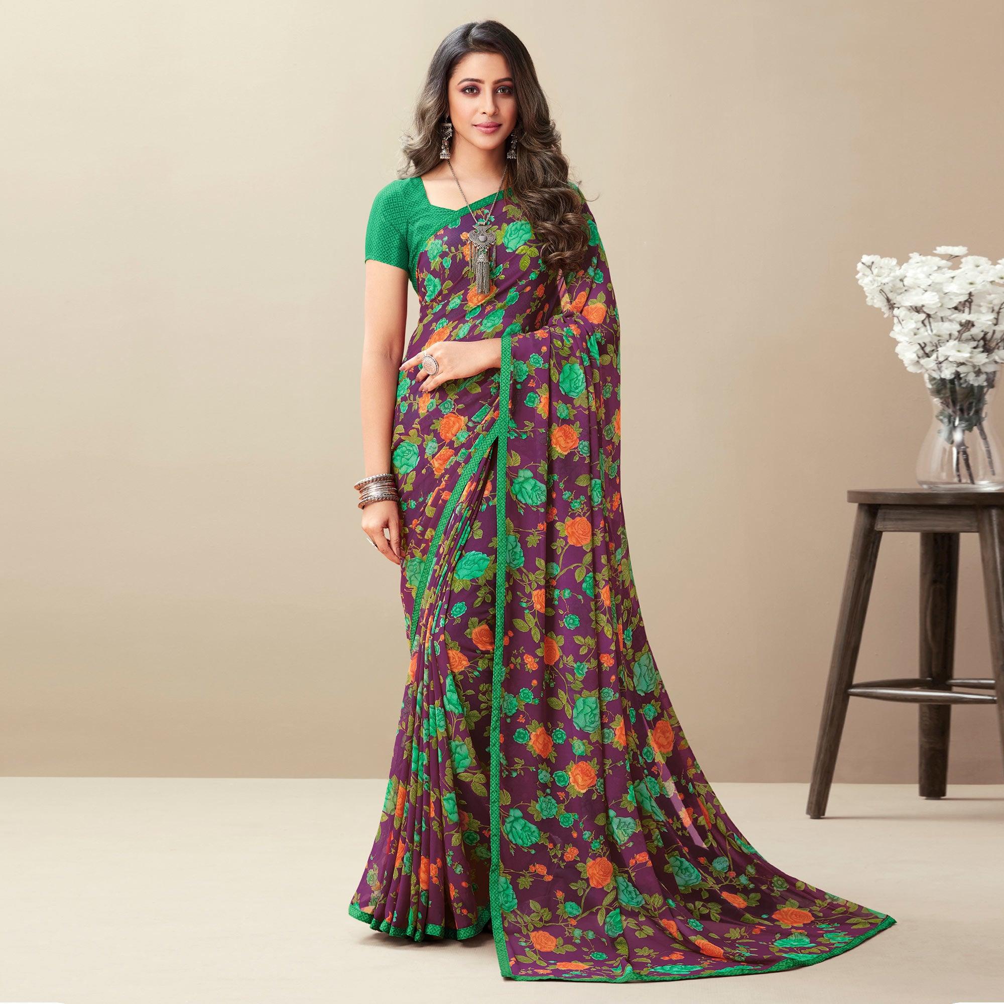 Purple Floral Printed Georgette Saree - Peachmode