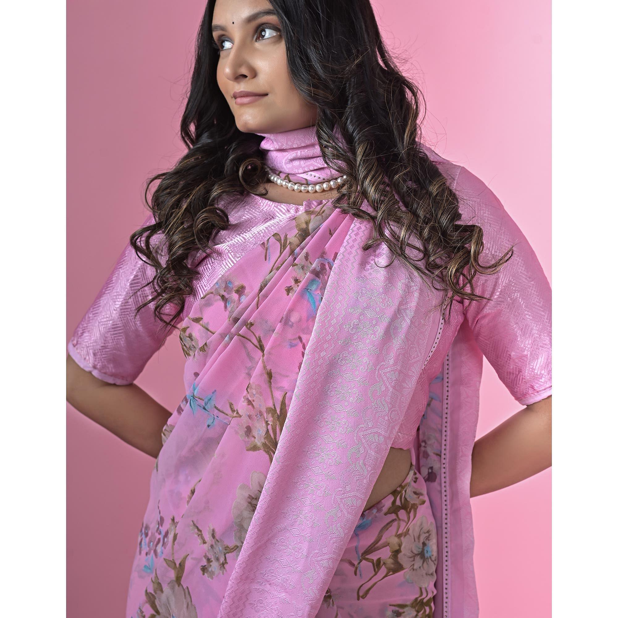 Purple Floral Printed Georgette Saree - Peachmode