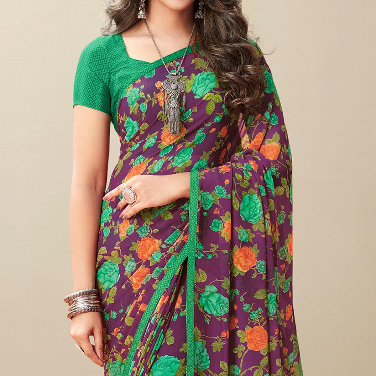 Purple Floral Printed Georgette Saree - Peachmode